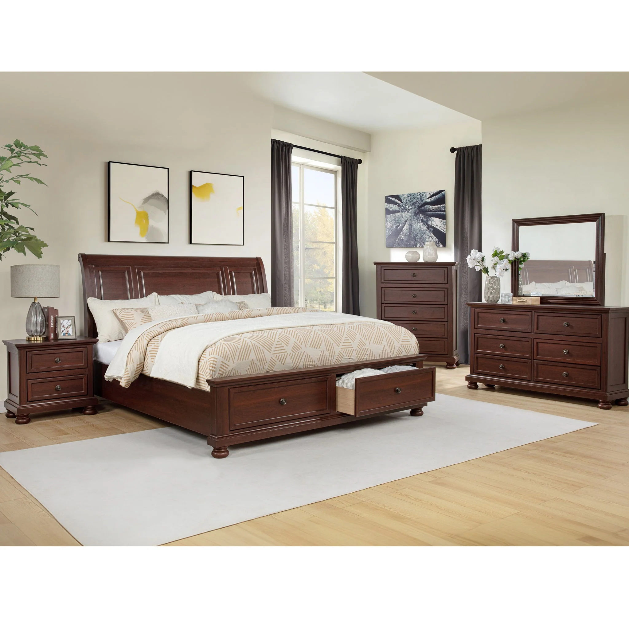 1 Piece Tall Chest, 5 Drawer Storage Bedroom Furniture - Brown / Cherry - Image 5
