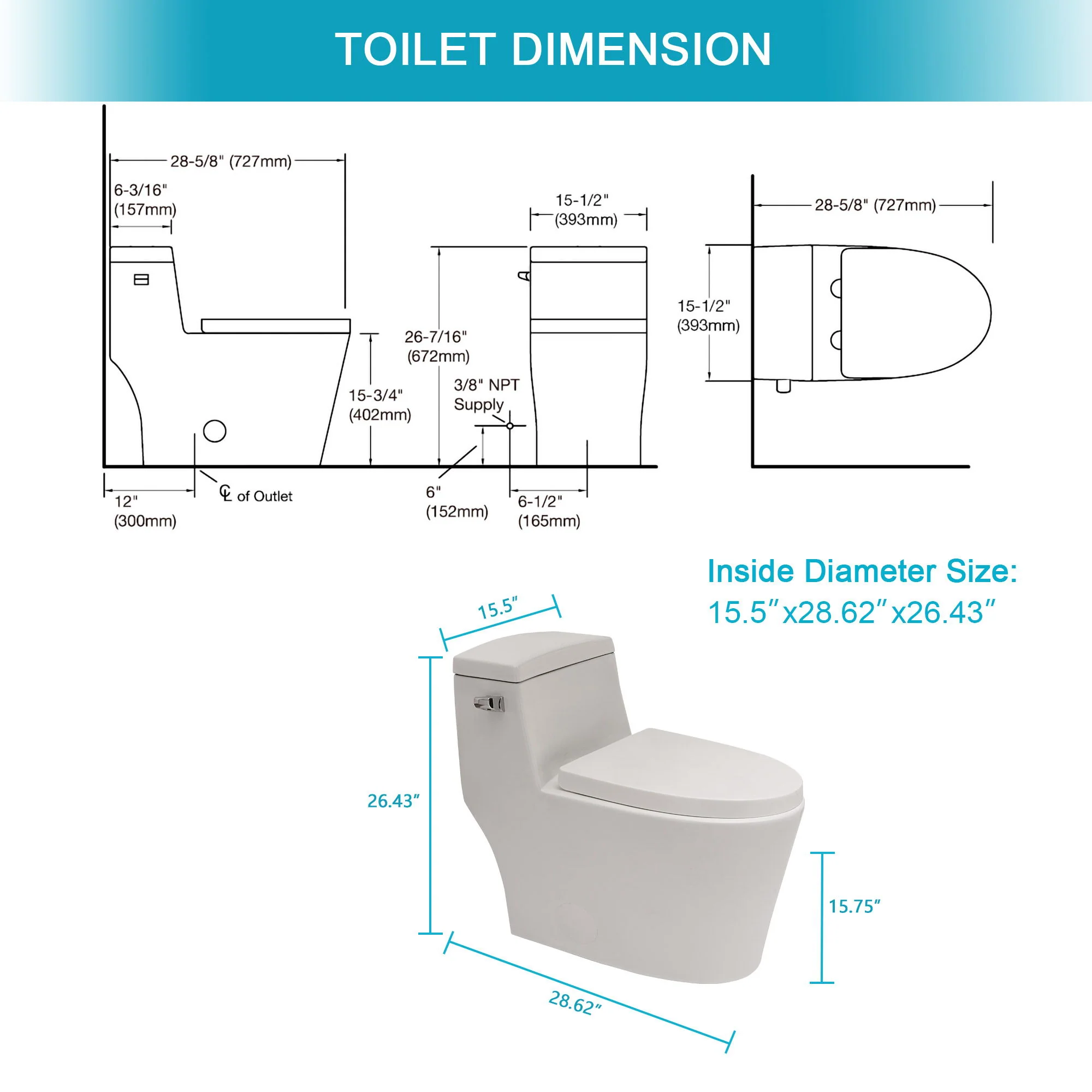 1 Piece Toilet With Soft Closing Seat - White - Image 5