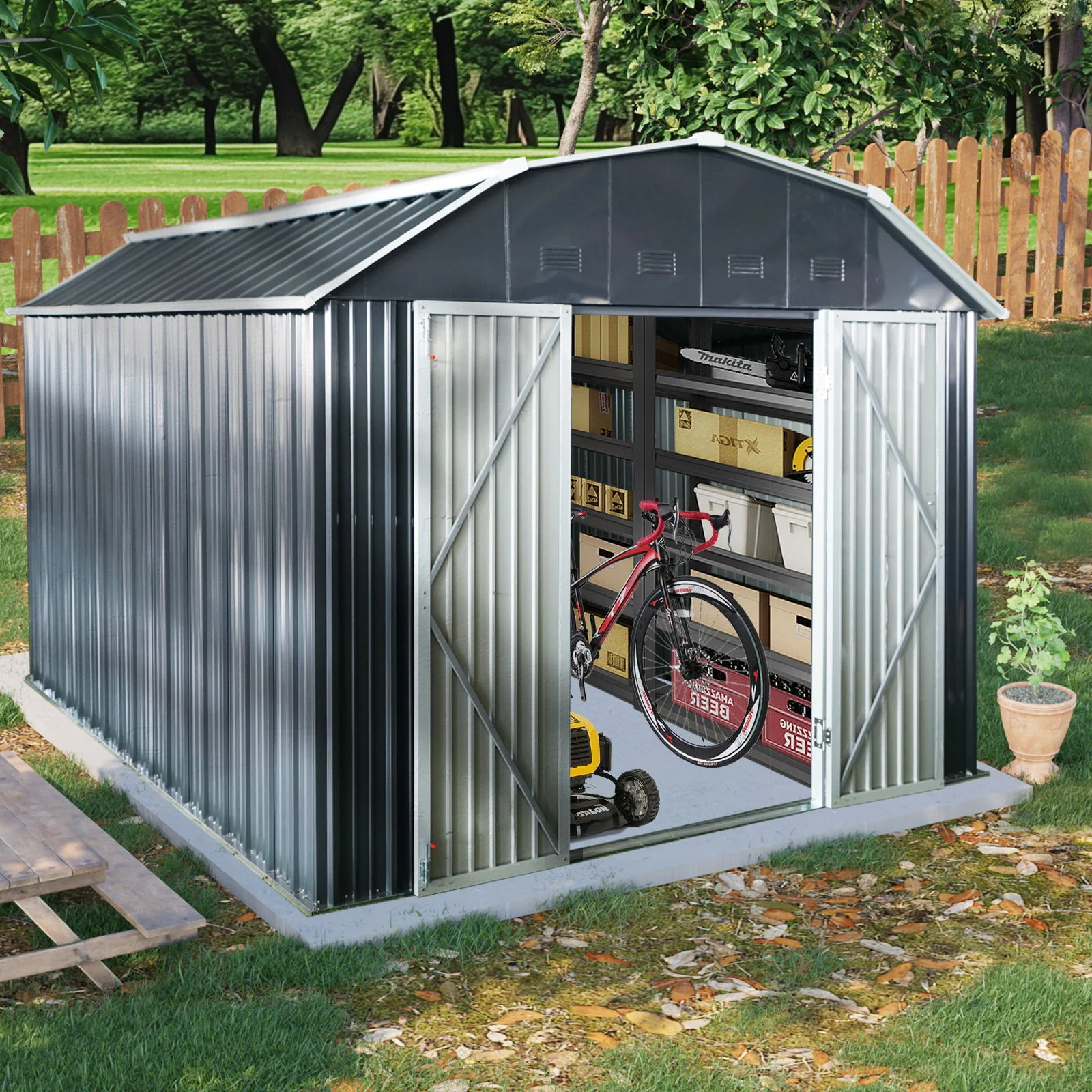 10 Ft X 12 Ft Outdoor Metal Storage Shed With Arch Roof With Lockable Doors For Backyard Garden Patio Lawn - Black - Image 7