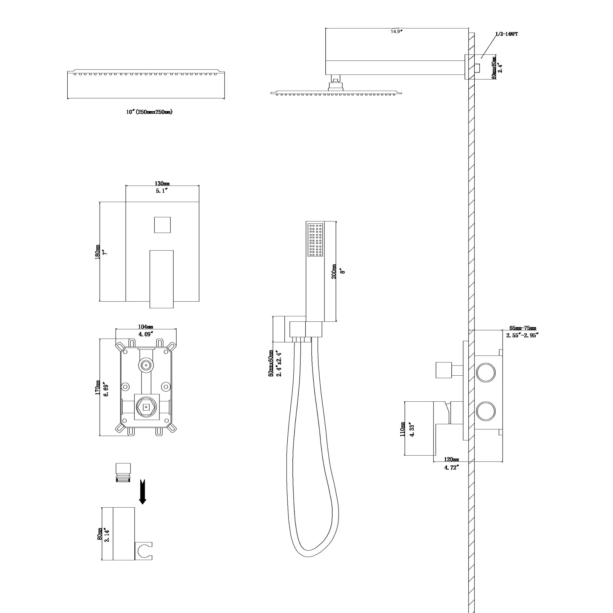 10" Square Dual Shower Head System Wall Mounted With Rough In Valve Modern Bathroom Fixture - Image 9