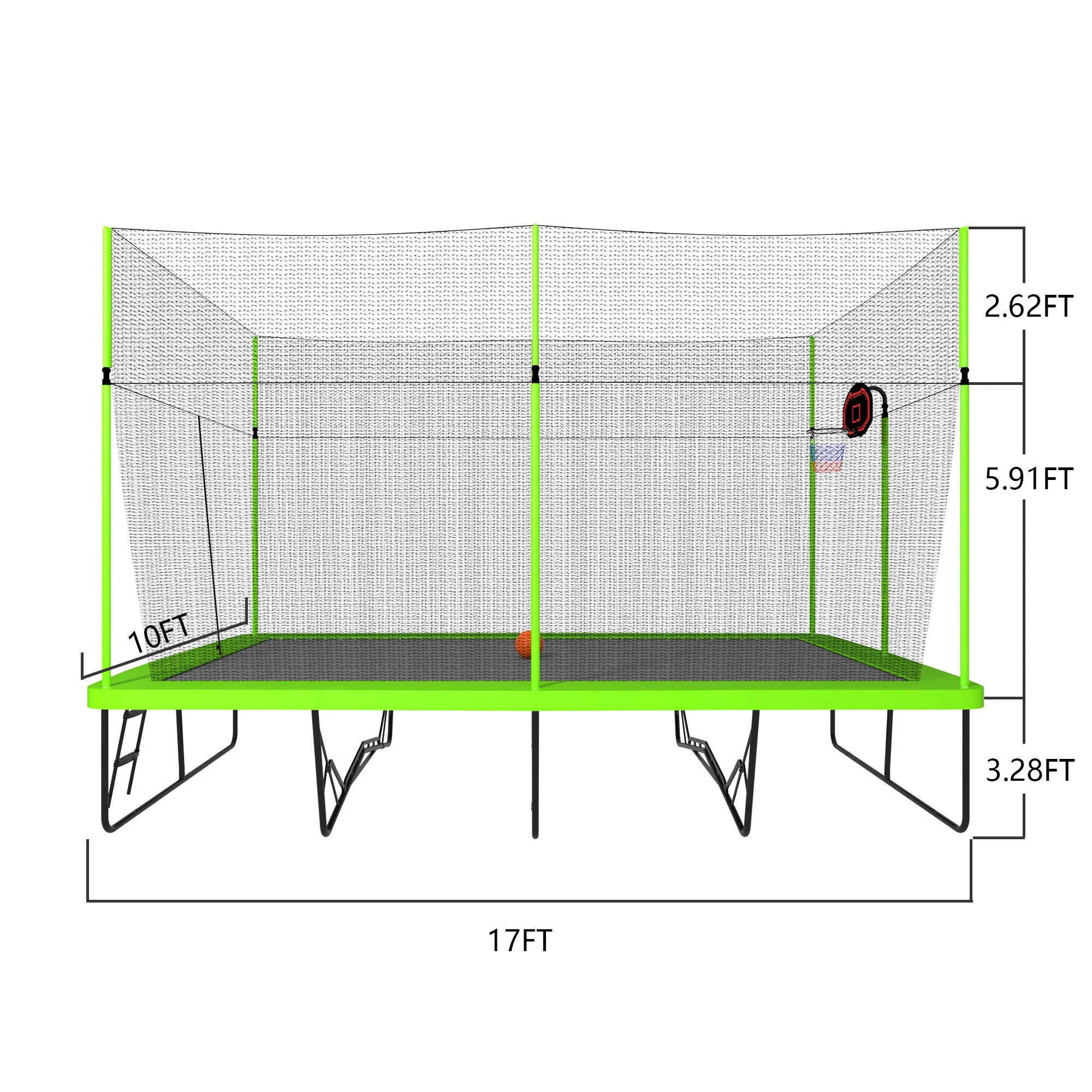 10Ft By 17Ft Rectangule Trampoline With Powder-Coated Galvanized Steel Tubes With Basketball Hoop System Advanced Ladder - Green - Image 5