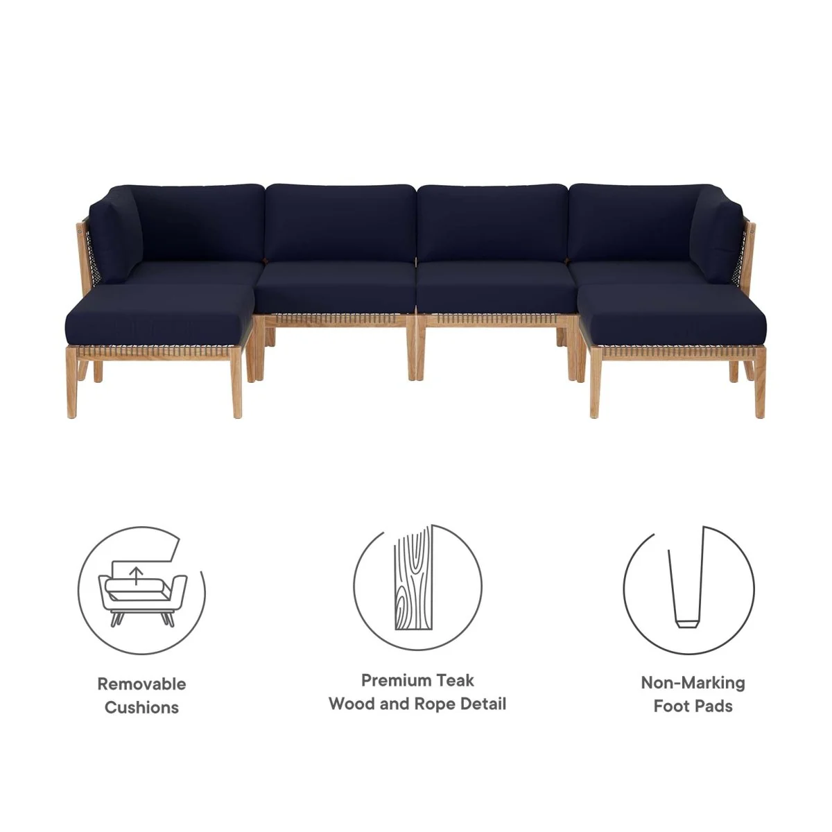 116" Six-Piece Outdoor Patio Teak Wood Sectional Sofa Set for Garden Deck - Image 16