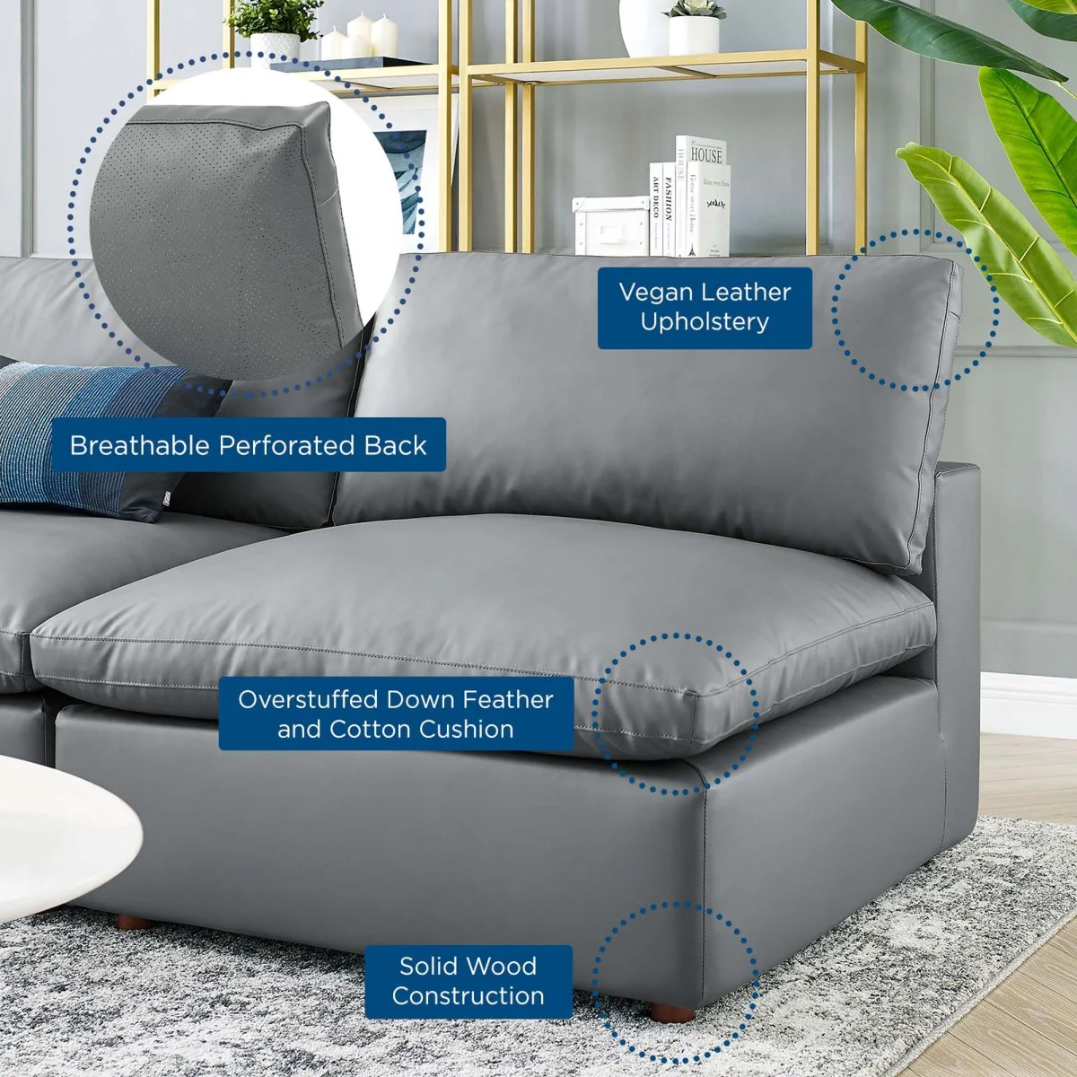 118 Commix Down Filled Overstuffed Vegan Leather 5-Piece Sectional in Gray - Image 2