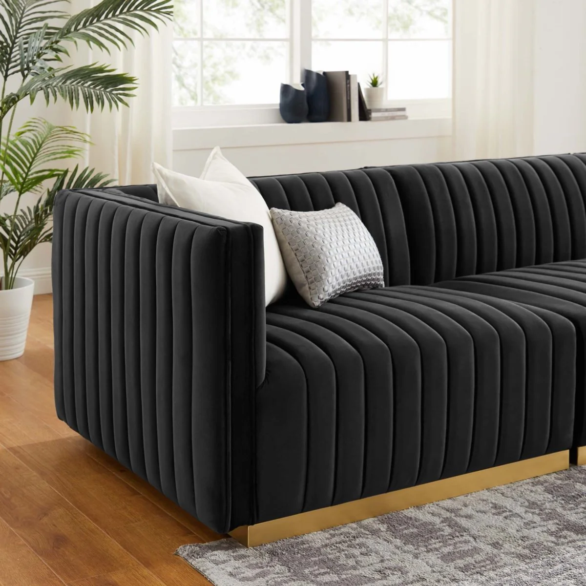 119 Inch Channel Tufted Performance Velvet 3-Piece Sofa in Black - Image 3