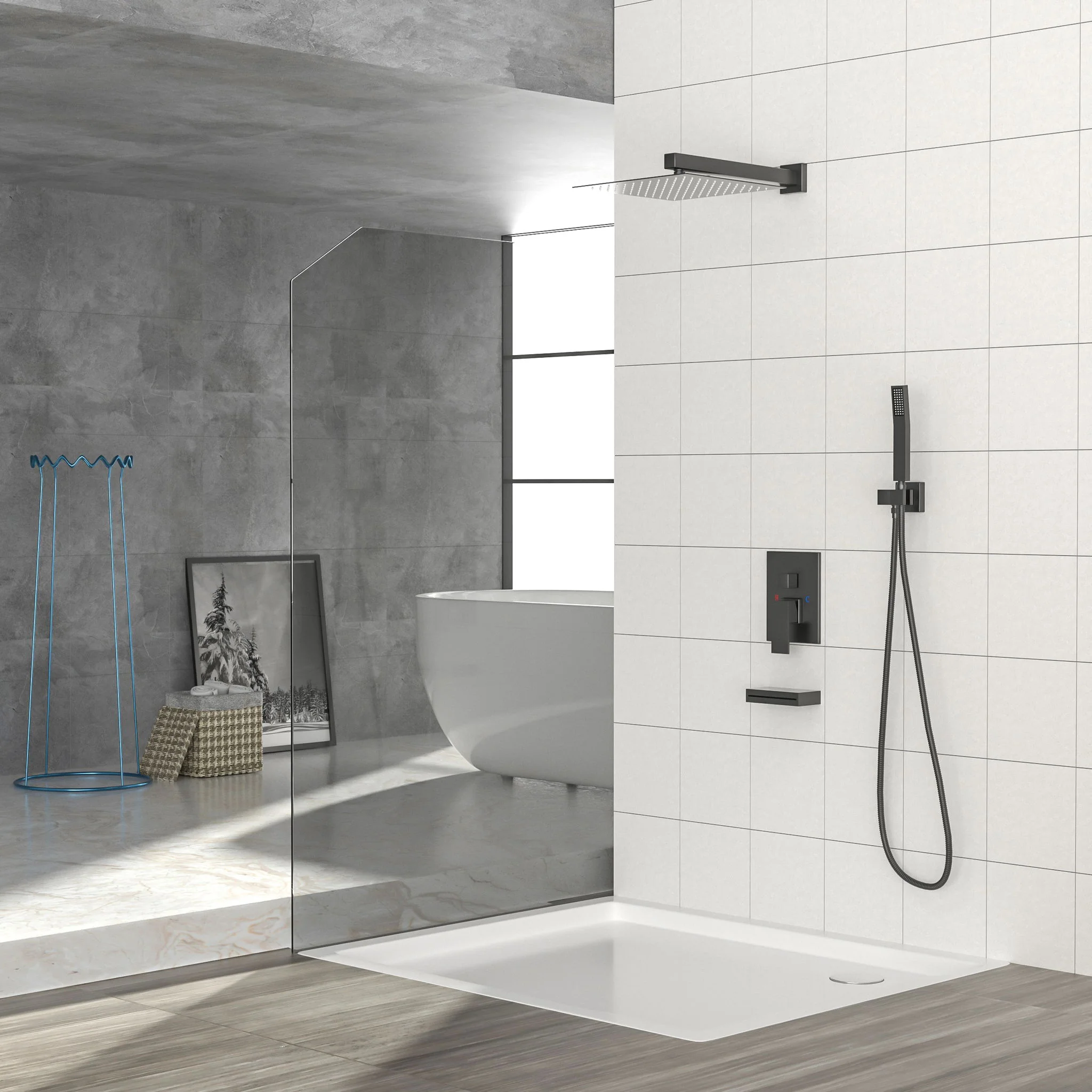 12" Ceiling Mount Square Shower System With Waterfall Tub Spout And Handheld Shower - Image 6