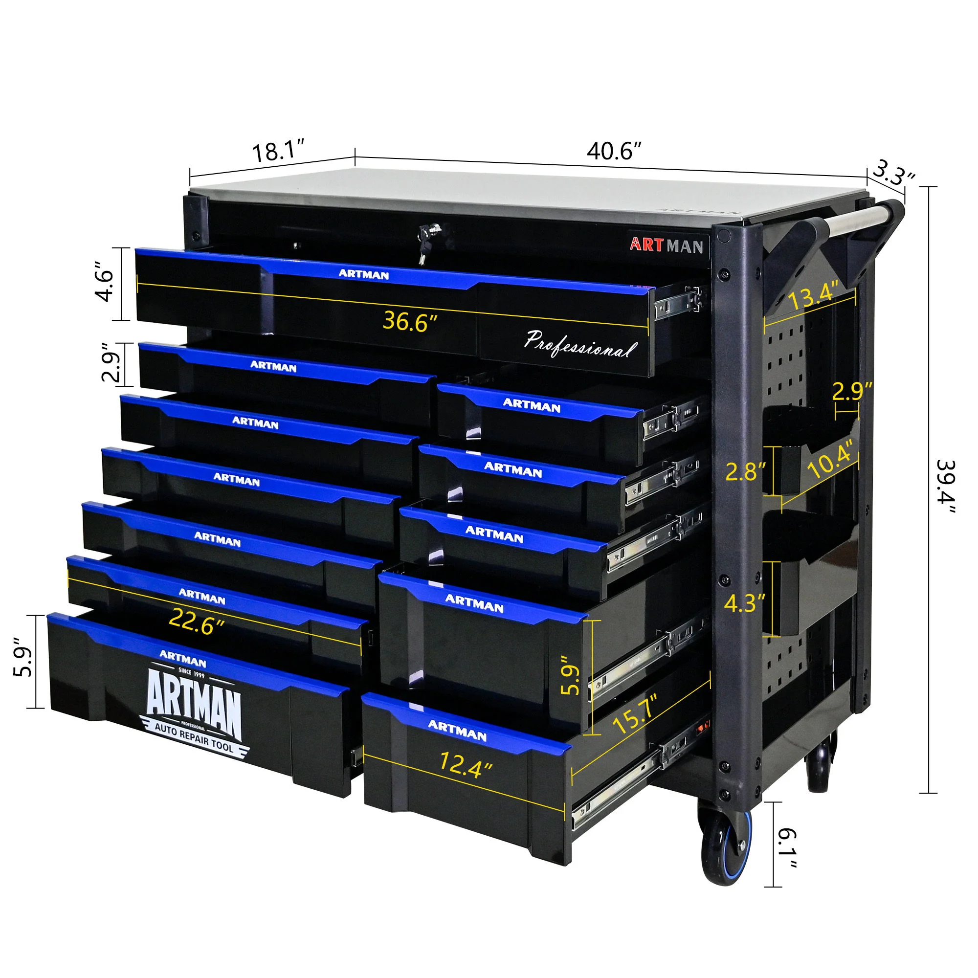 12 Layer Drawer Multi Purpose Tool Cart With Wheels And Iron Top - Black / Blue - Image 3