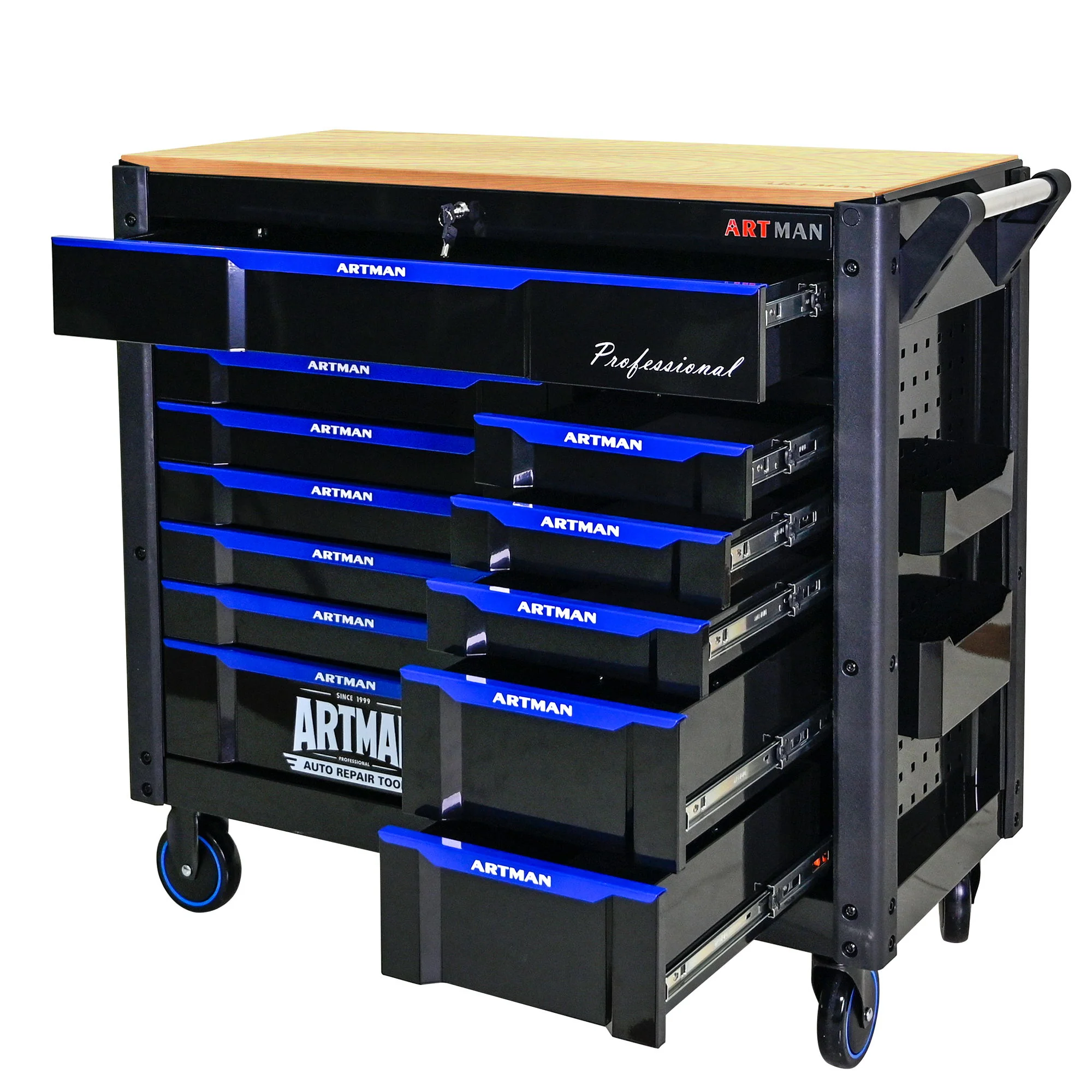 12 Layer Drawer Multi Purpose Tool Cart With Wheels And Wooden Countertops - Black / Blue - Image 7