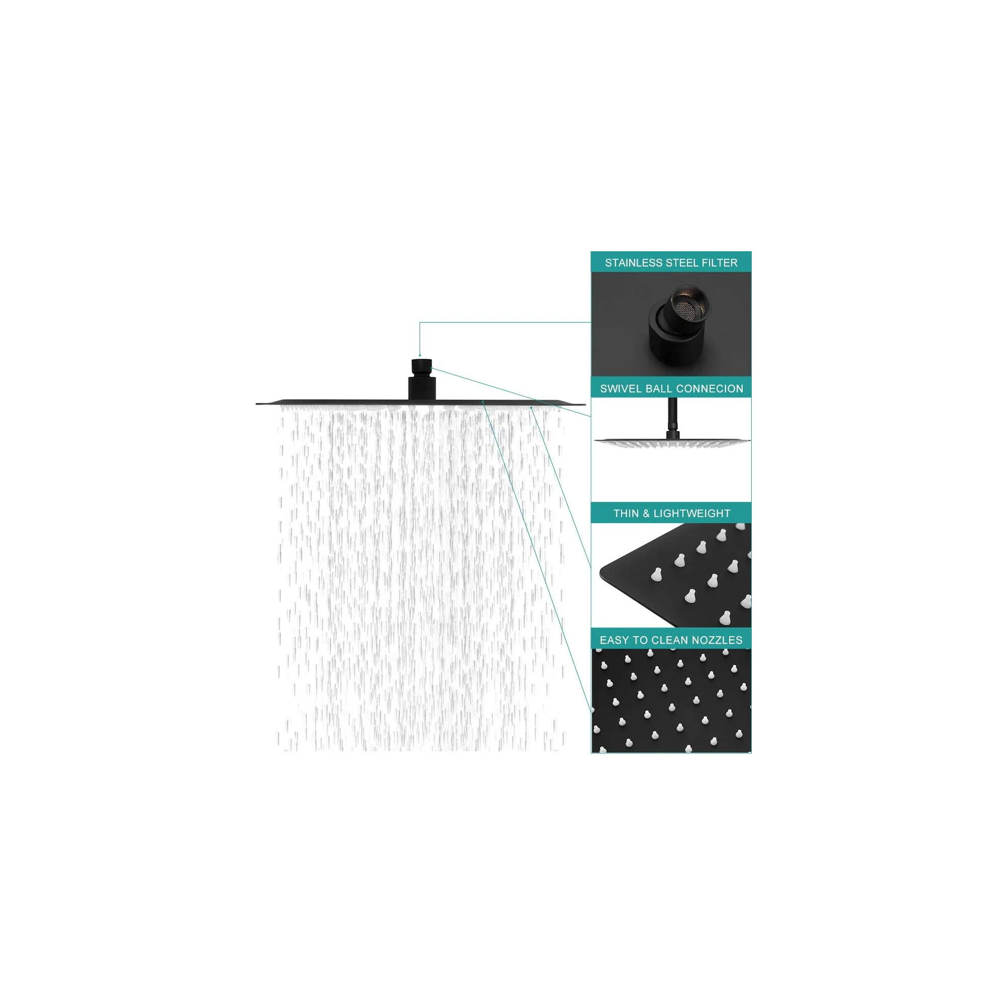 12" Square Rainfall Shower Head With Wall / Ceiling Mount, 304 Stainless Steel - Matte Black - Image 4
