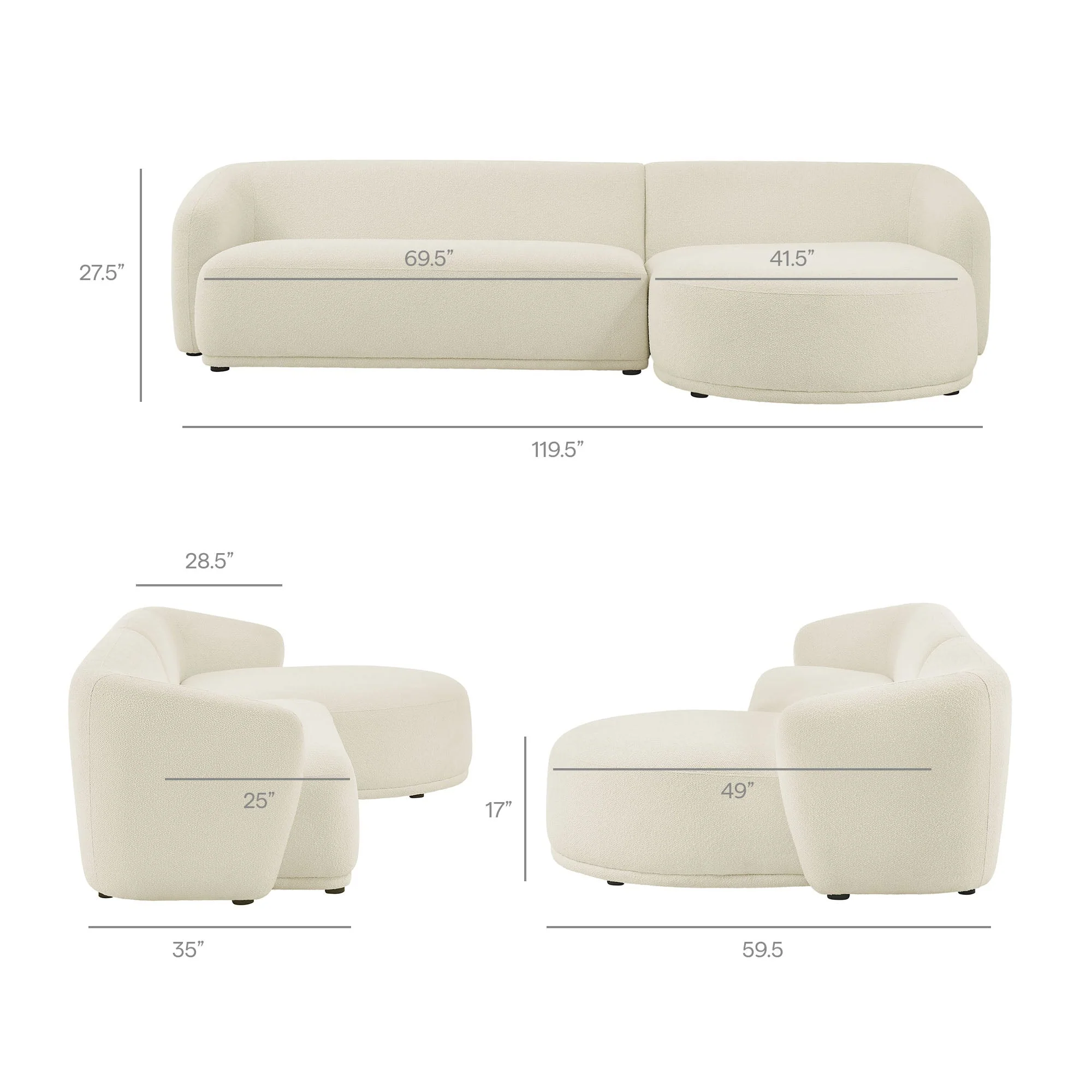 2 Piece 120" Right Facing Boucle Fabric Modular Sofa with Chaise - Image 9