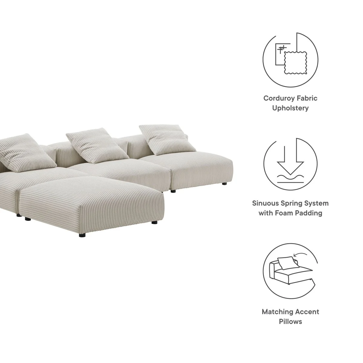 124 Inch Modular Corduroy Upholstered 4-Piece Sectional Sofa - Image 2