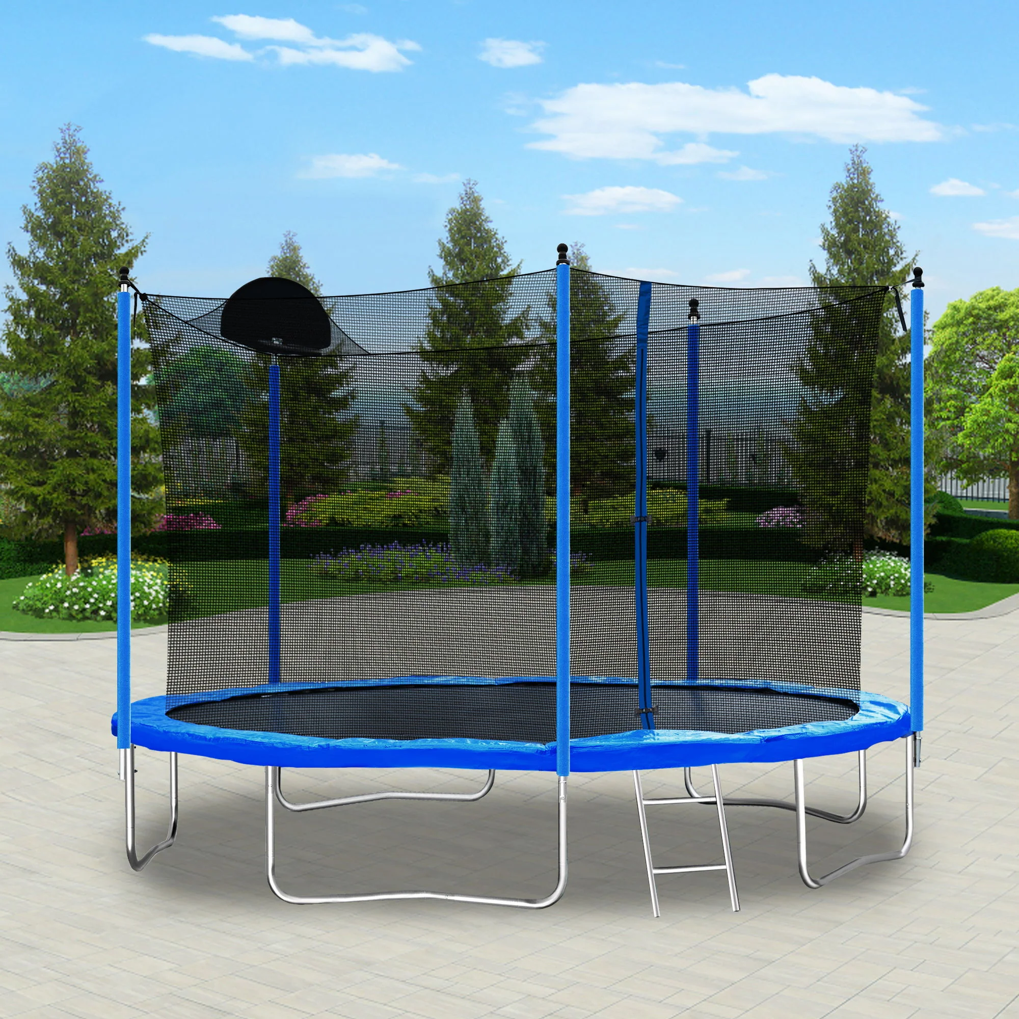 12Ft Trampoline For Adults & Kids With Basketball Hoop, Outdoor Trampolines With Ladder And Safety Enclosure Net For Kids And Adults - Blue - Image 9