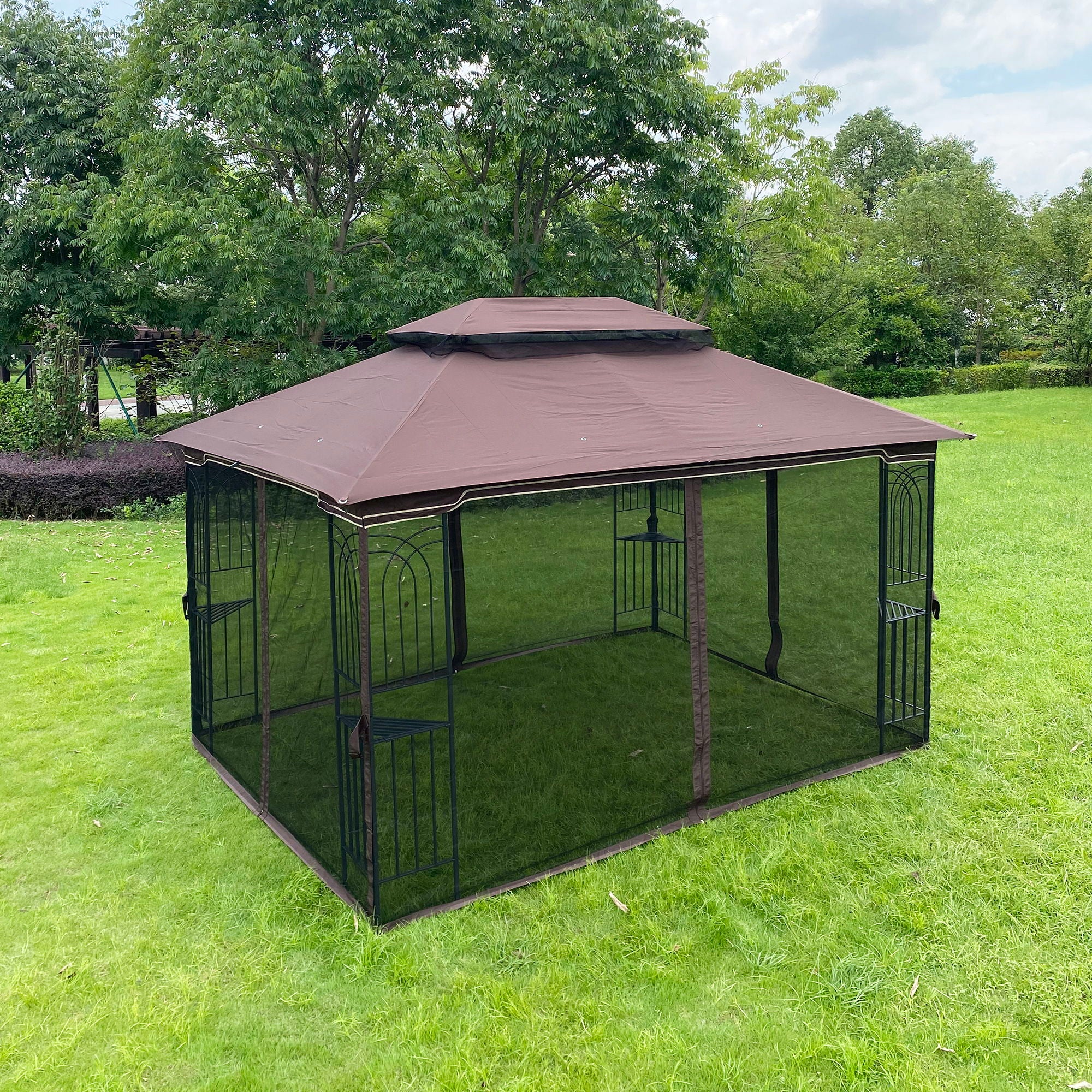 13 0 Outdoor Patio Gazebo Canopy Tent With Ventilated Double Roof And Mosquito Net (Detachable Mesh Screen On All Sides) Suitable For Lawn Garden Backyard And Deck Top - Brown - Image 2