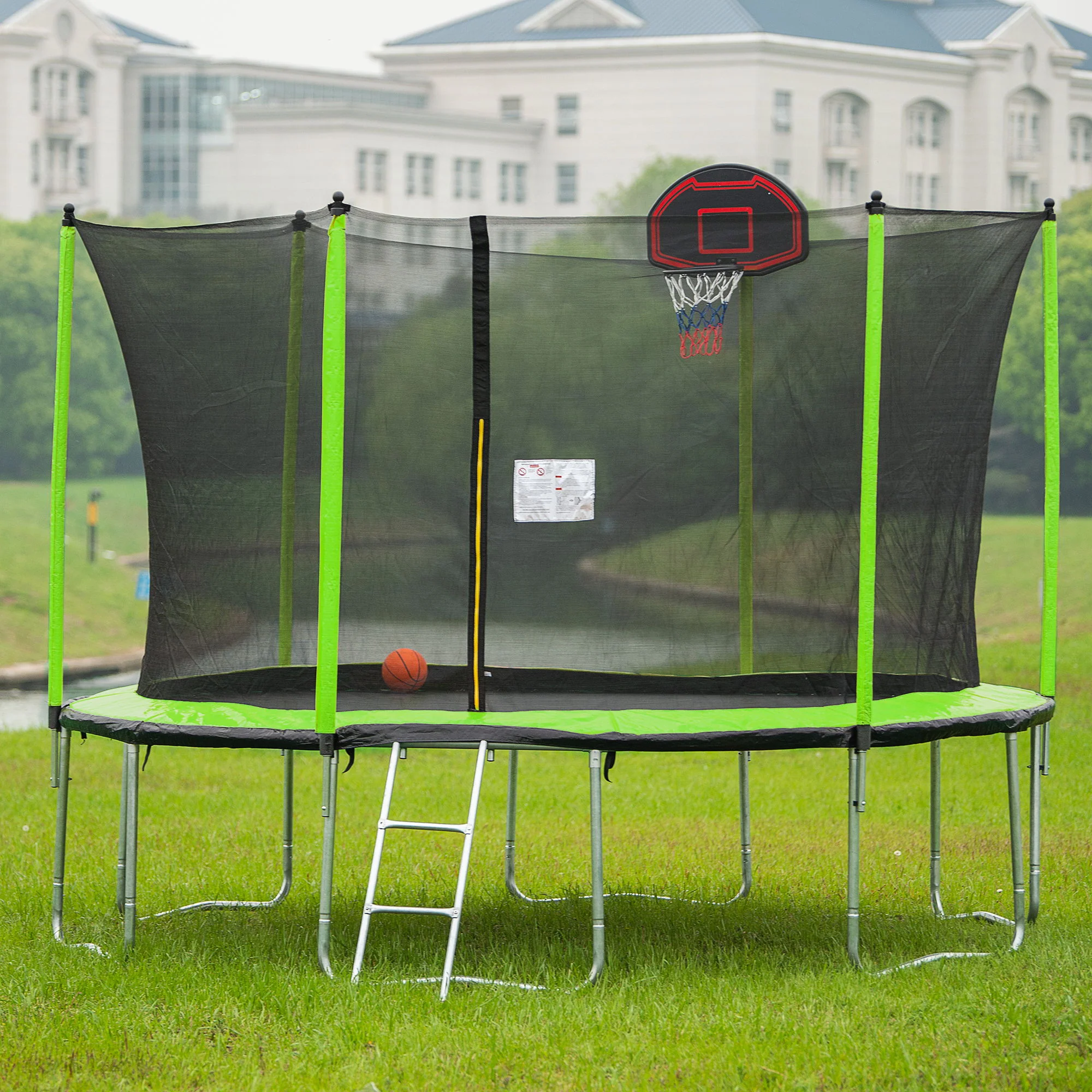 14Ft Trampoline With Basketball Hoop Inflator And Ladder (Inner Safety Enclosure) - Green - Image 7
