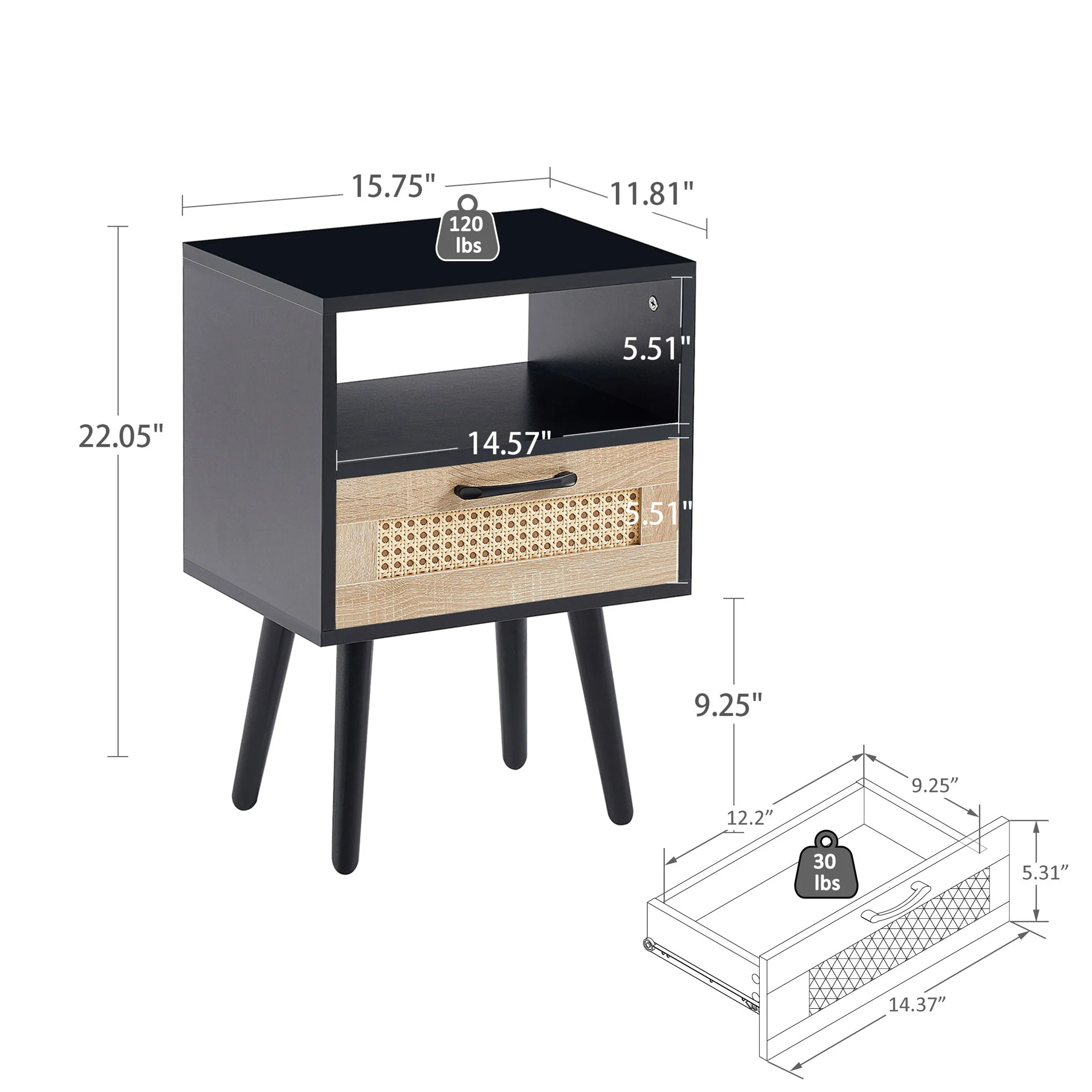 15.75" Rattan End Table With Drawer And Solid Wood Legs, Modern Nightstand, Side Table For Living Room, Bedroom - Image 14