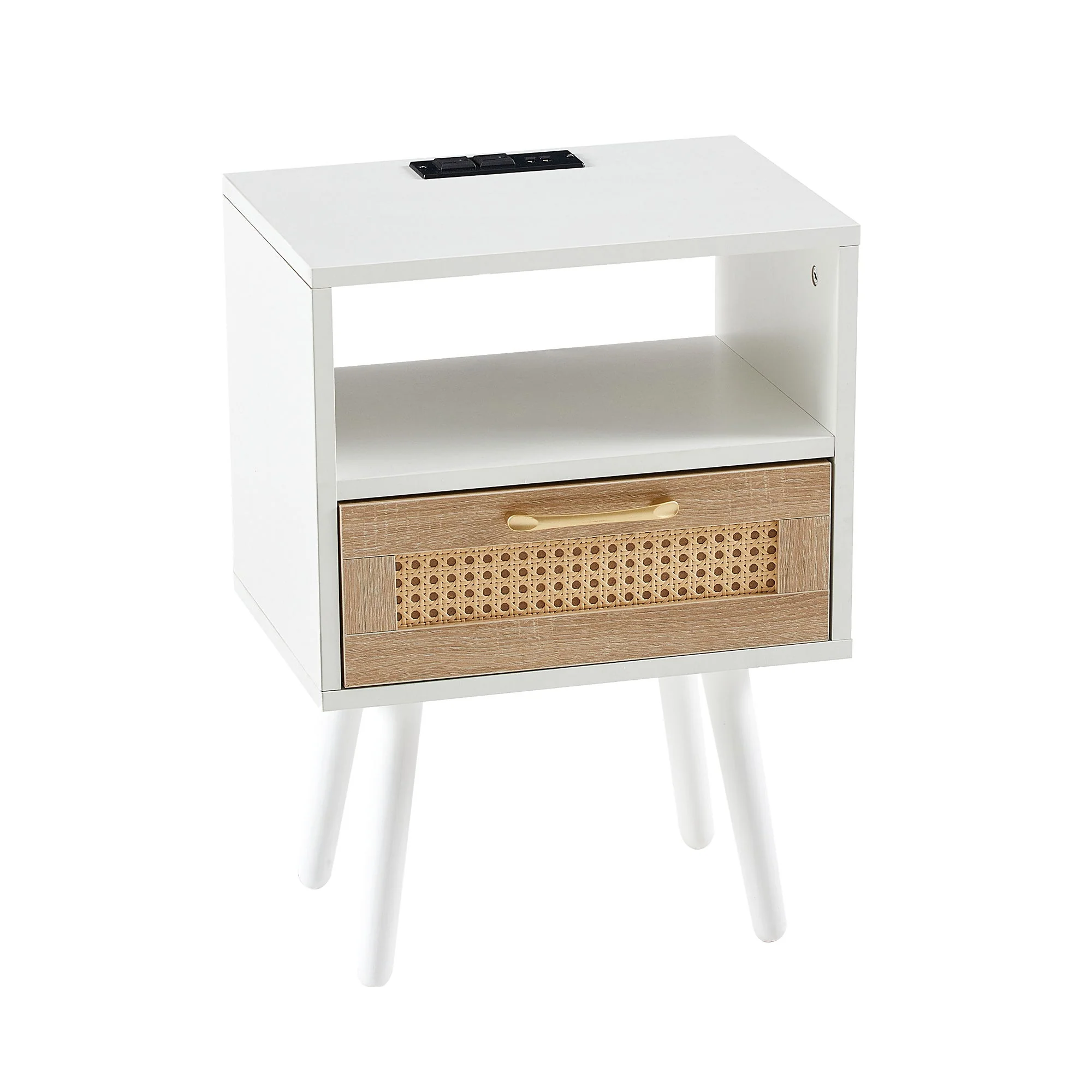 15.75" Rattan End Table With Power Outlet & USB Ports, Modern Nightstand With Drawer And Solid Wood Legs, Side Table For Living Room, Bedroom - Image 11