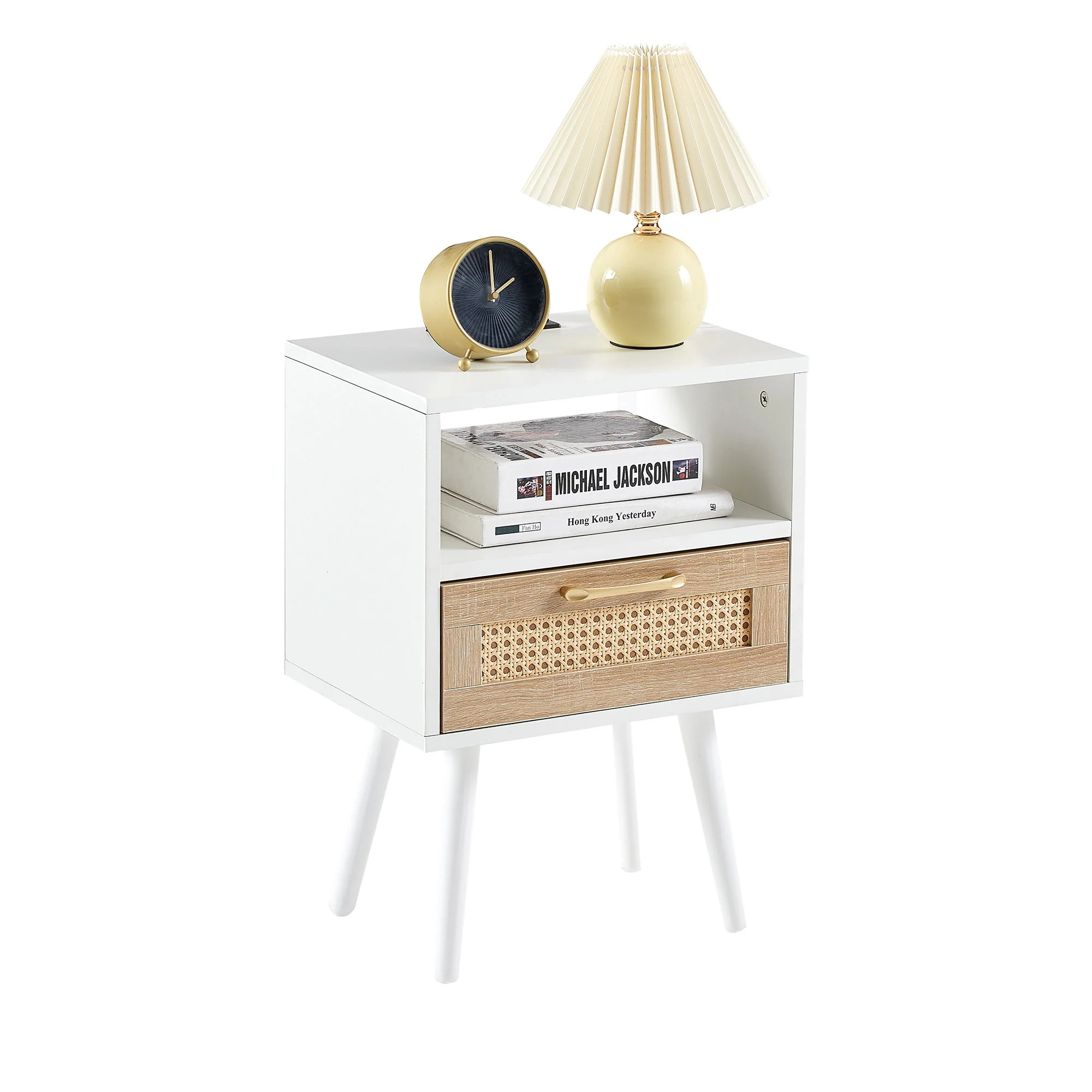 15.75" Rattan End Table With Power Outlet & USB Ports, Modern Nightstand With Drawer And Solid Wood Legs, Side Table For Living Room, Bedroom - Image 18