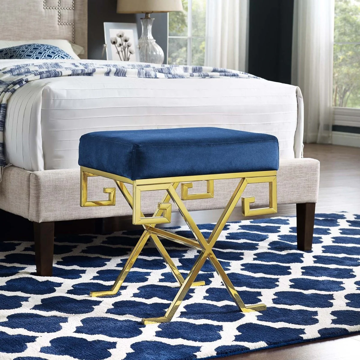 15 Inch Whimsical Greek Key Performance Velvet Bench - Image 2