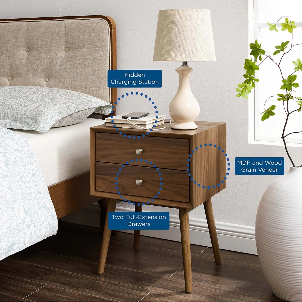 15" Mid Century Wood Nightstand with USB Ports - Image 2