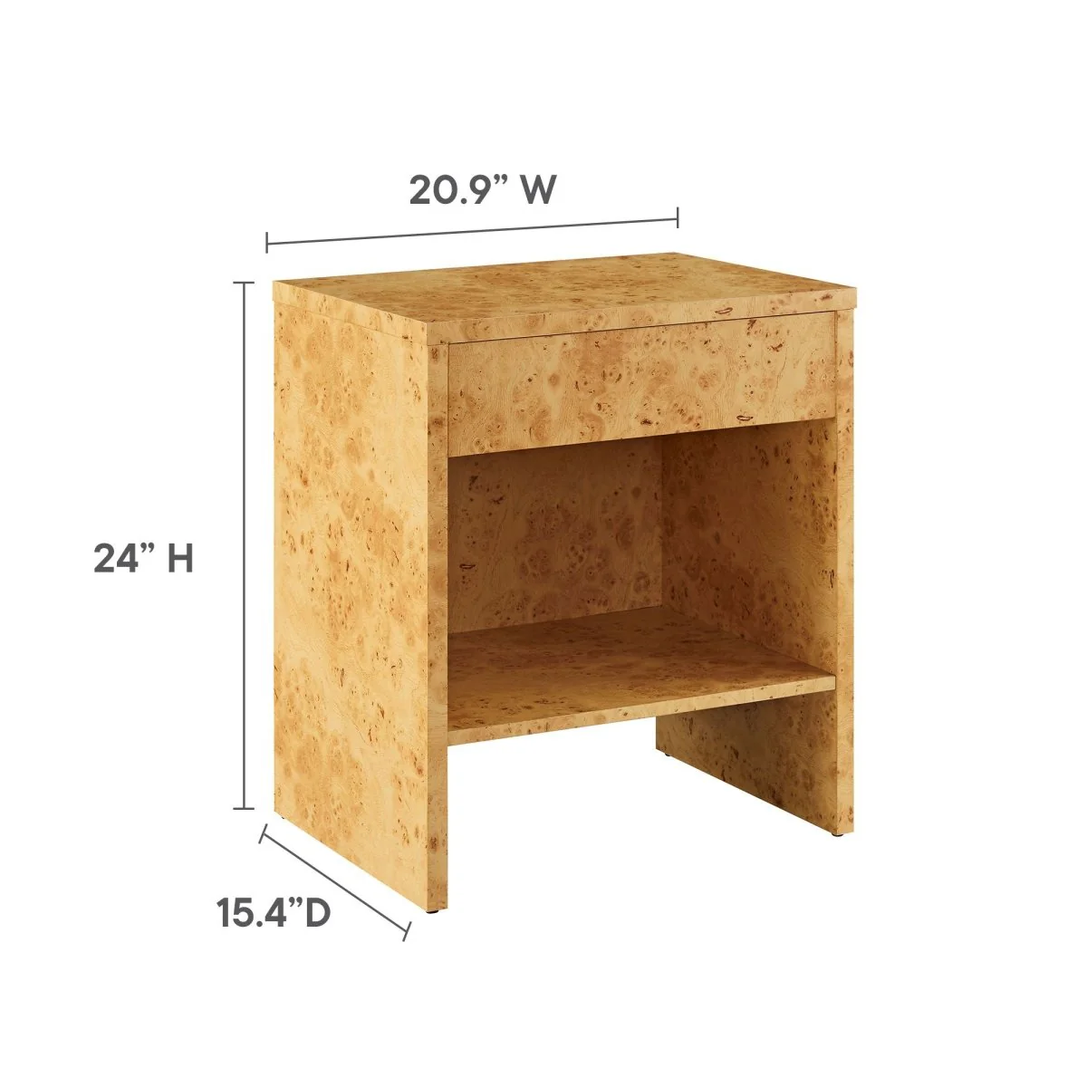 15" Modern Burl Wood Nightstand with Shelf - Image 4