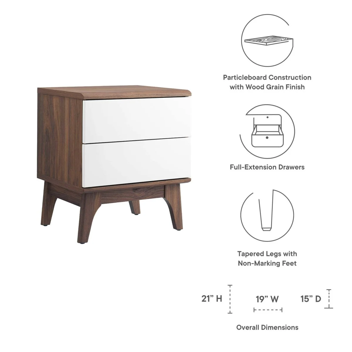 15" Retro Modern Wood 2 Drawer Nightstand - Image 2