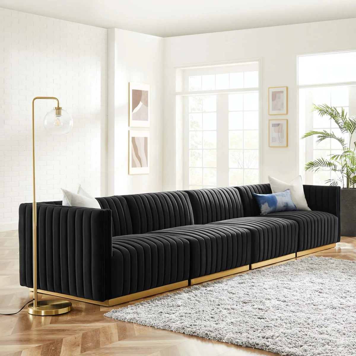 155 Inch Channel Tufted Performance Velvet 4-Piece Sofa in Black - Image 8
