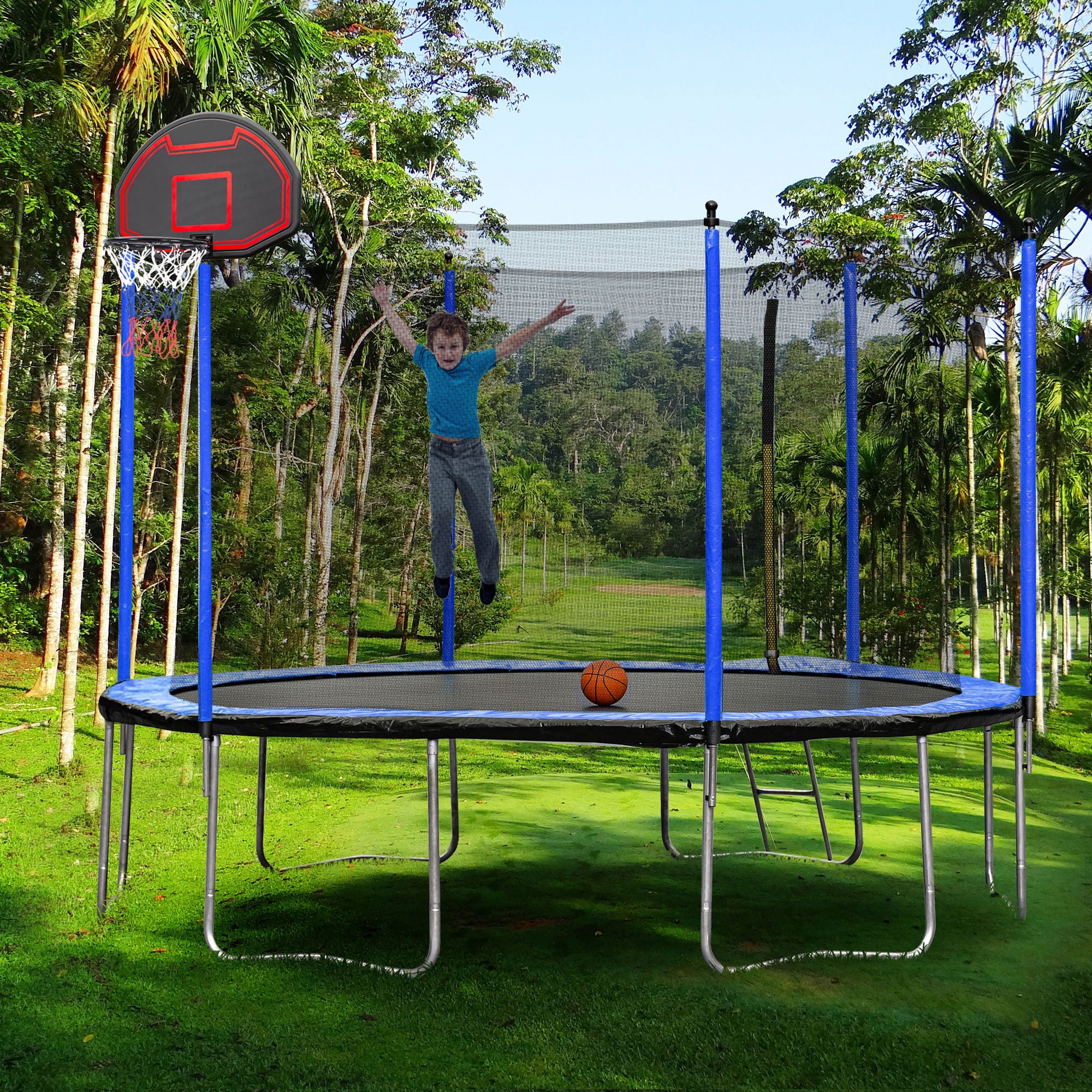 15Ft Trampoline With Basketball Hoop Inflator And Ladder (Inner Safety Enclosure) - Image 14