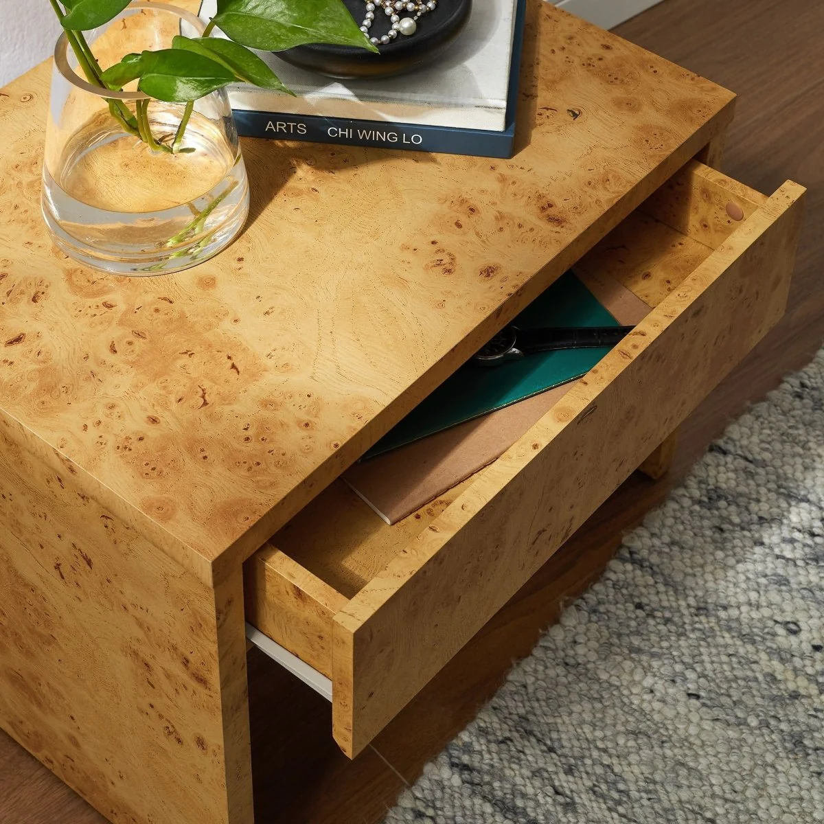 16" Modern Burl Wood 1 Drawer Nightstand - Image 5