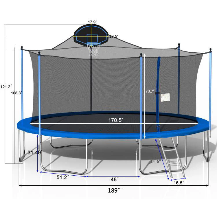 16Ft Trampoline For Adults & Kids With Basketball Hoop, Double-Sided Cover, Outdoor Trampolines With Ladder And Safety Enclosure Net For Kids And Adults - Blue - Image 7