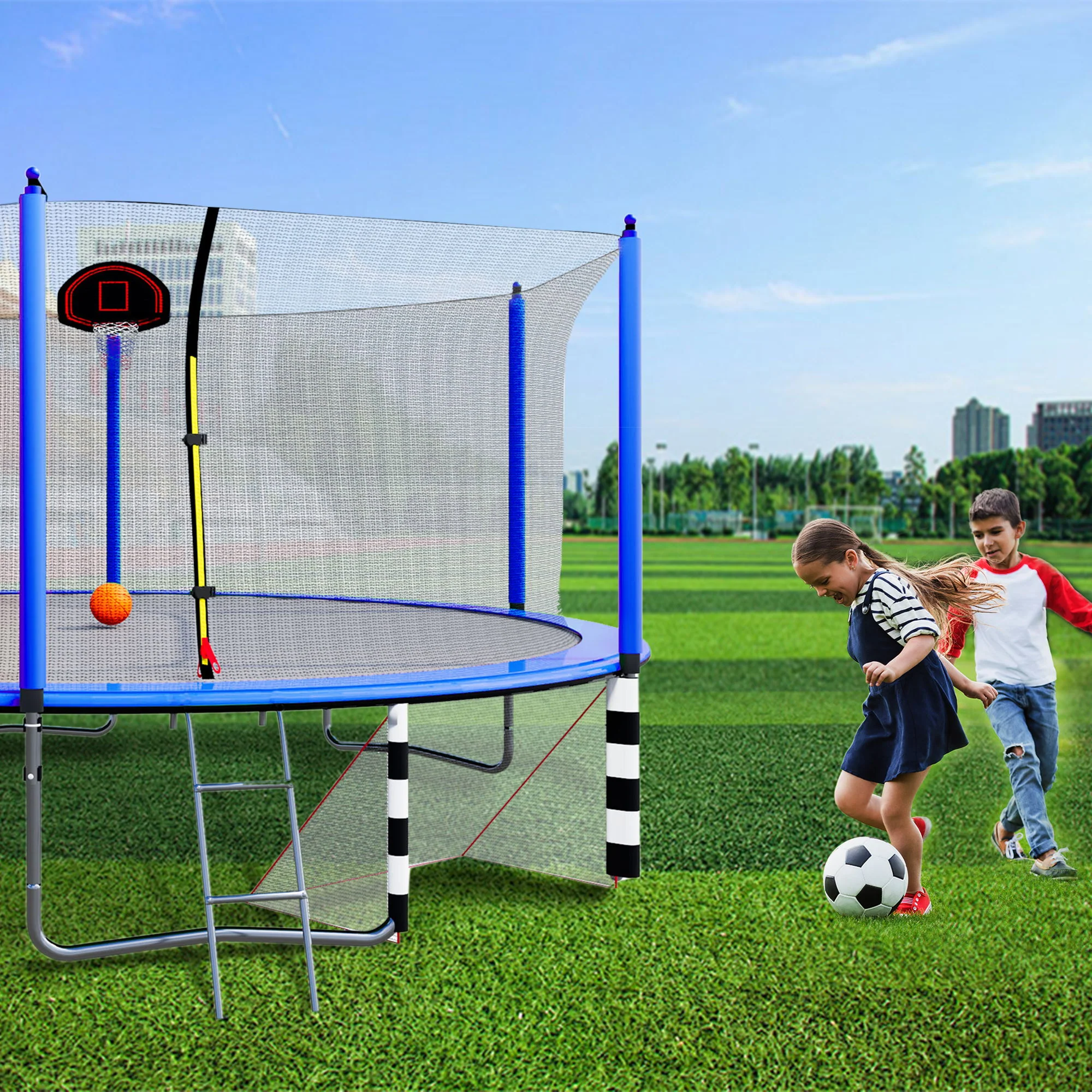 16Ft Trampoline With Basketball Hoop Pump And Ladder (Inner Safety Enclosure) With Soccer Goal - Image 4