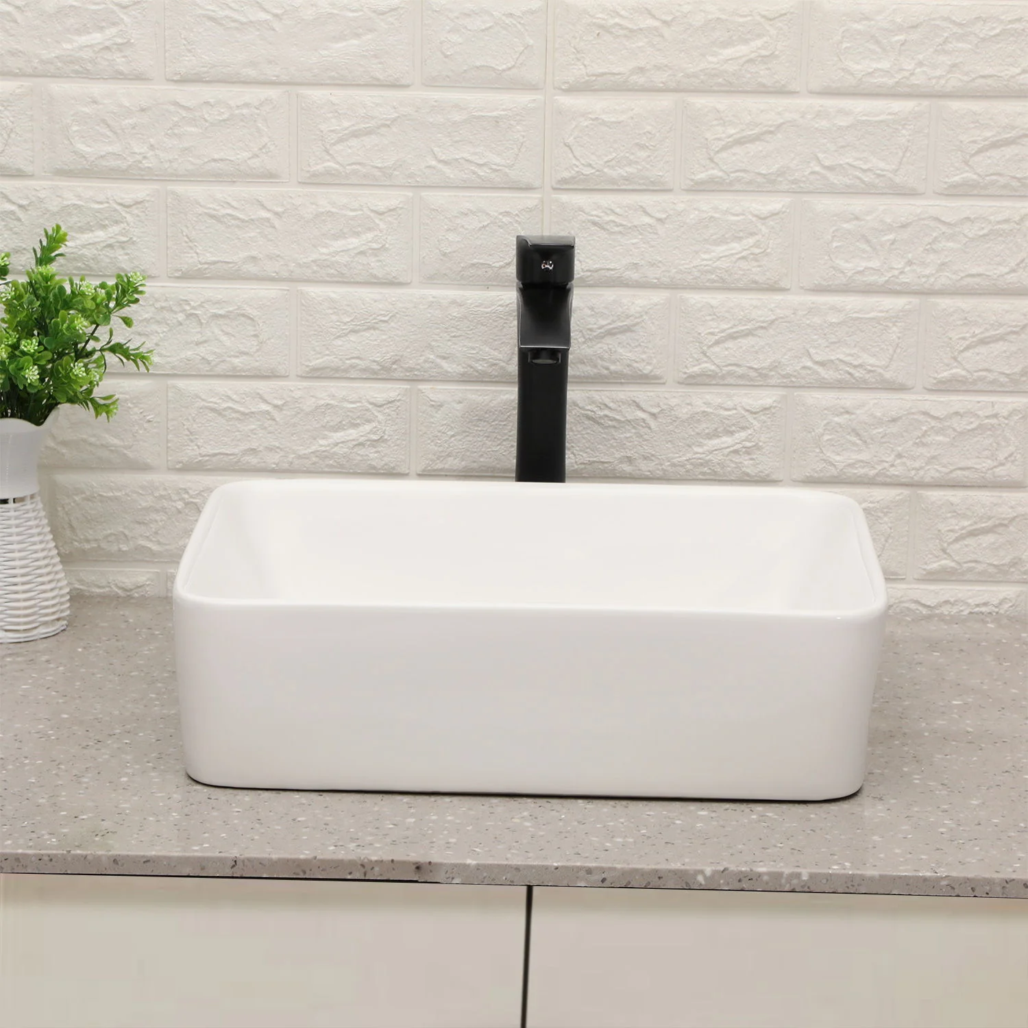 19" 5" Bathroom Sink Combo Rectangular Vessel Vanity Set With Faucet Drop In Ready Ceramic Basin - White / Black - Image 6