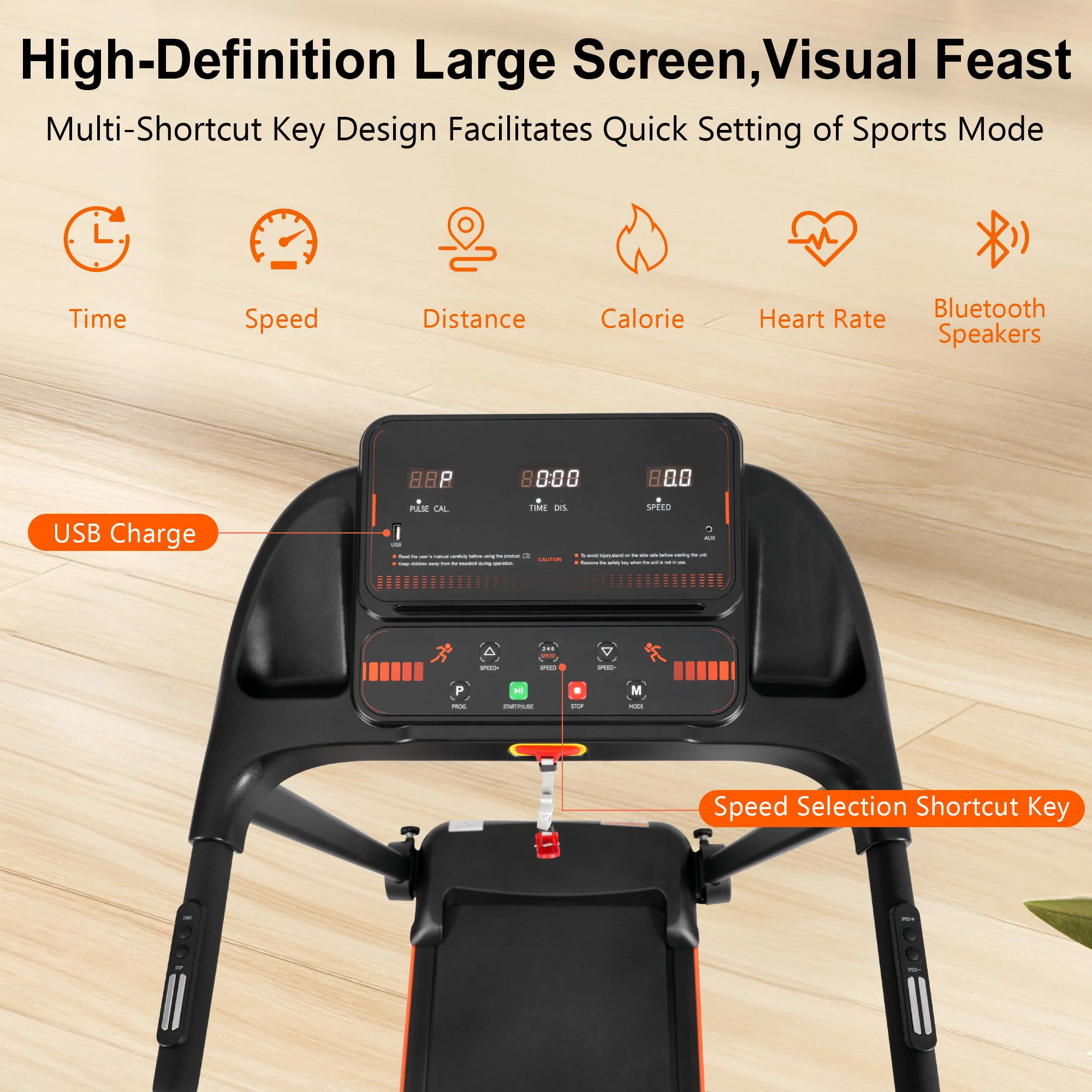 2.5Hp Quiet Folding Treadmill With Heart Rate Sensor, 300Lbs Weight Capacity, With USB Charge Station For Android & Bluetooth Speaker, 6 Shock Absorbing - Black - Image 3