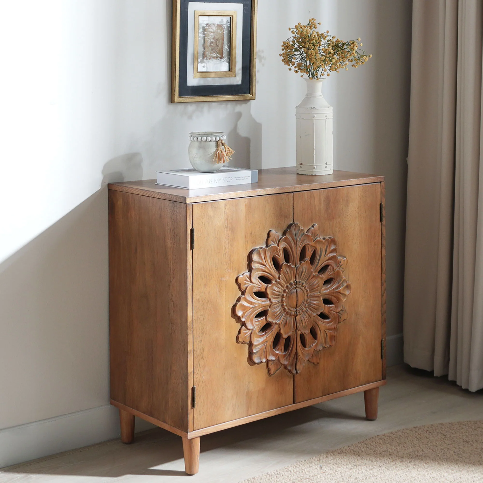 2 Door Accent Storage Cabinet With Floral Design, Sideboard For Living Room - Dark Brown - Image 5