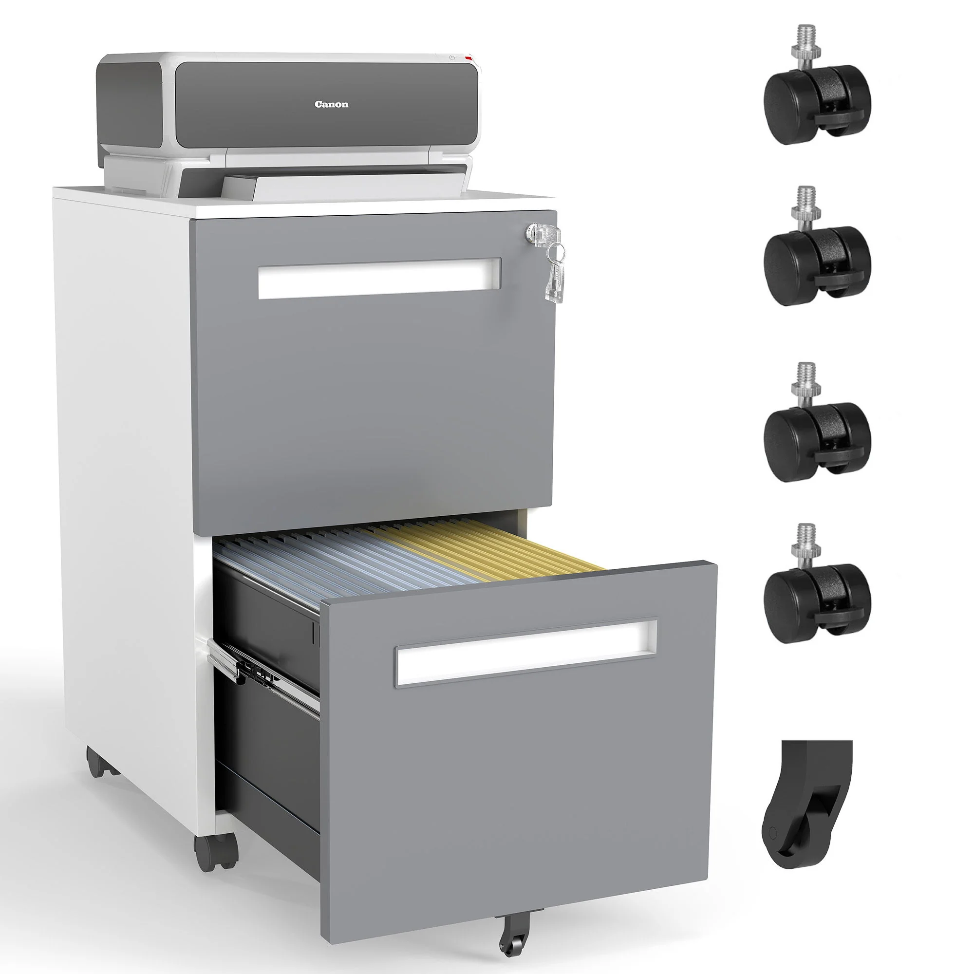 2-Drawer Mobile File Cabinet With Lock,On 360° Wheels, Holds A4/Letter/Legal Files - White - Image 4