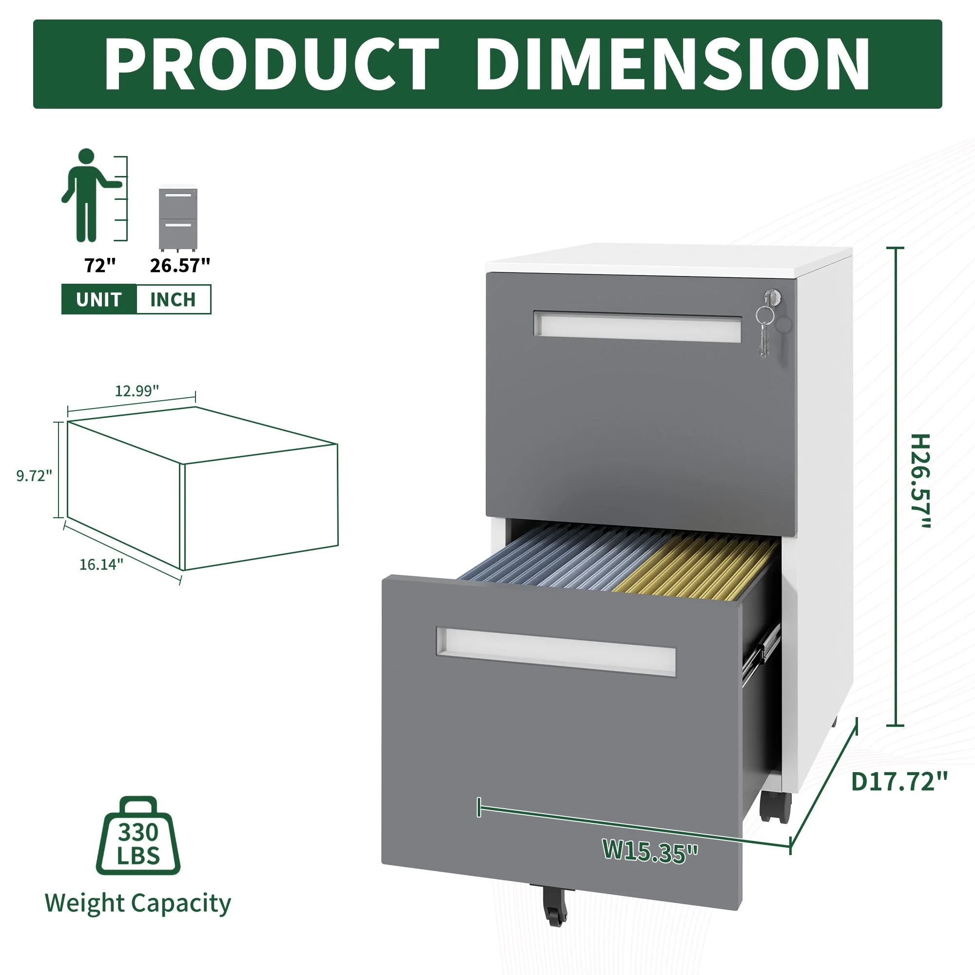 2-Drawer Mobile File Cabinet With Lock,On 360° Wheels, Holds A4/Letter/Legal Files - White - Image 8