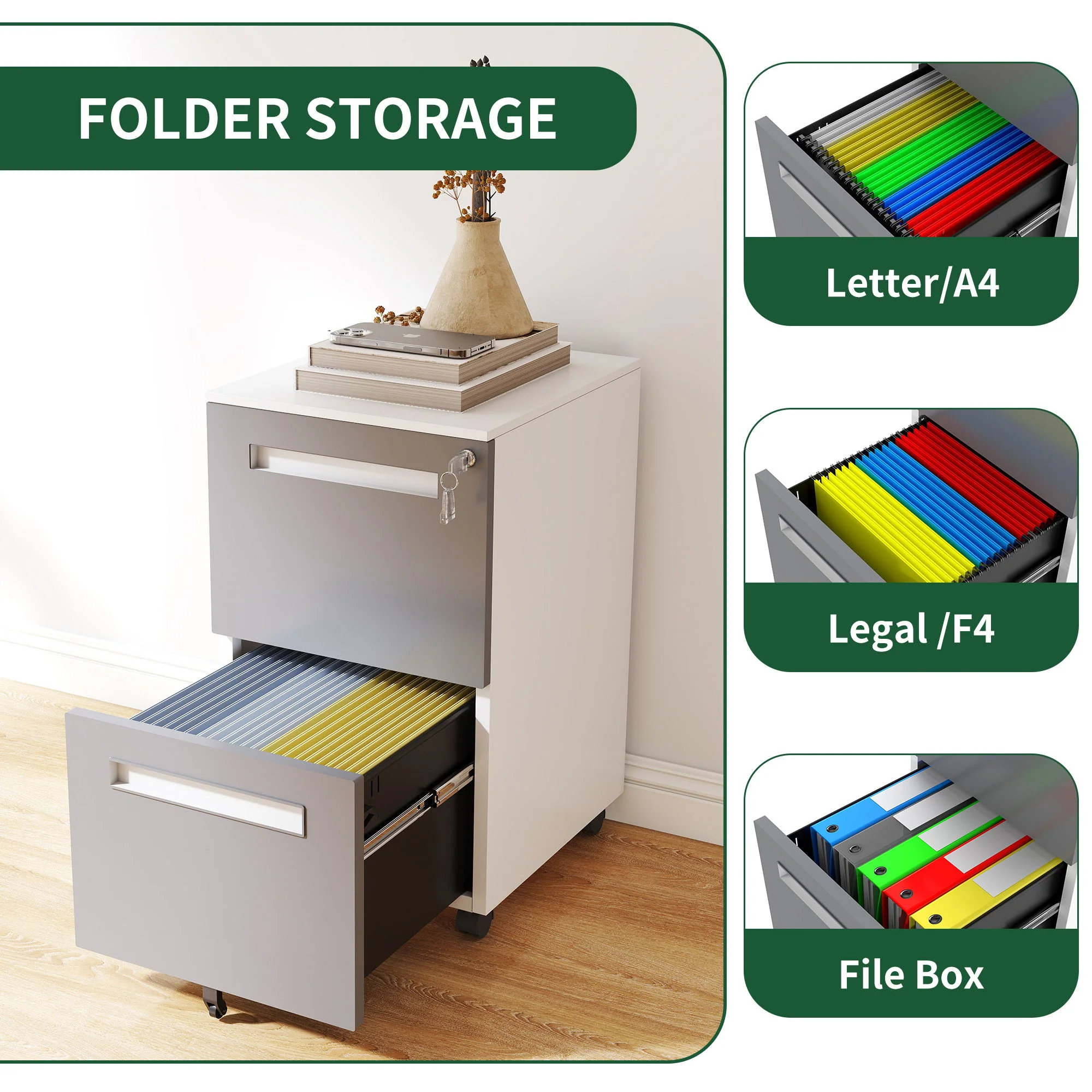 2-Drawer Mobile File Cabinet With Lock,On 360° Wheels, Holds A4/Letter/Legal Files - White - Image 9
