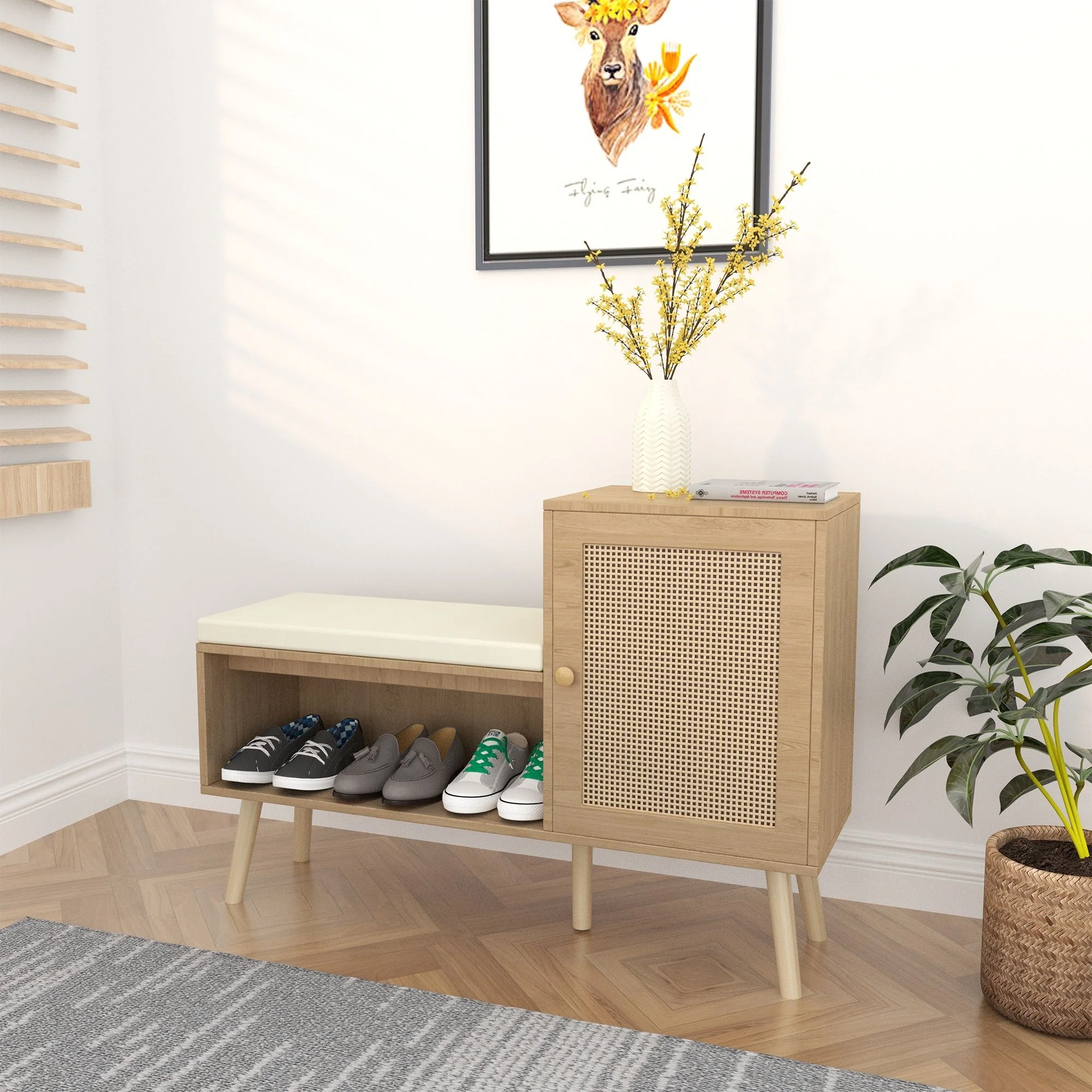 2 In 1 Shoe Storage Bench With Adjustable Shelves - Antique Natural / Rattan - Image 5