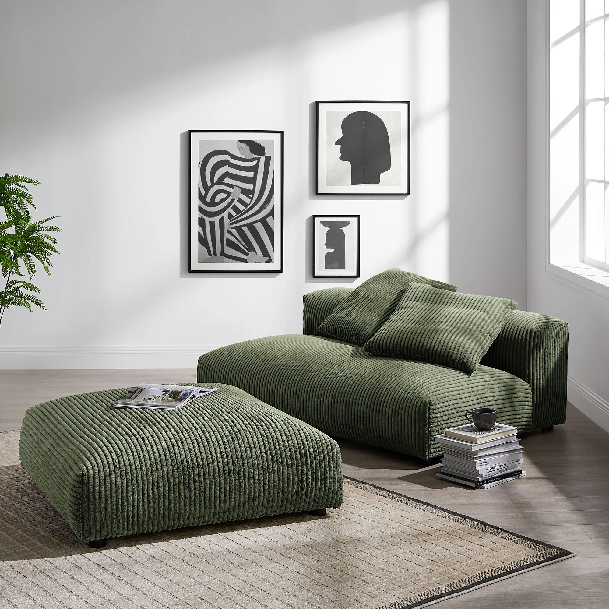 2 Piece 91" Modular Corduroy Upholstered Armless Loveseat and Ottoman Set - Image 12