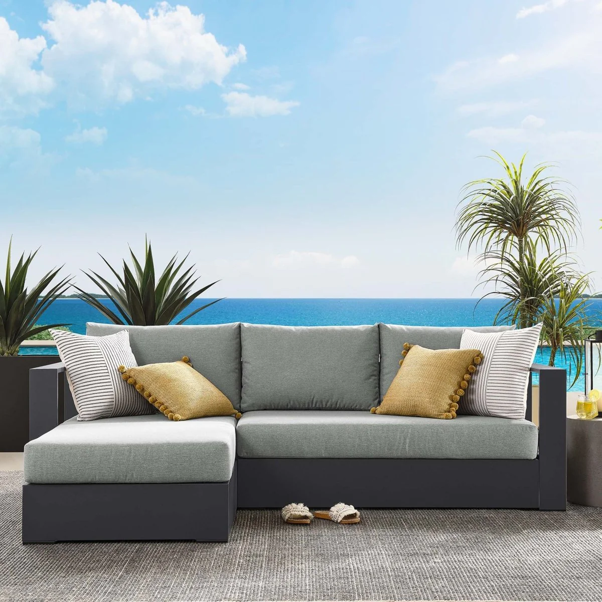 2-Piece Gray Aluminum Outdoor Patio Chaise Sectional with Cushions for Outdoor Living - Image 14
