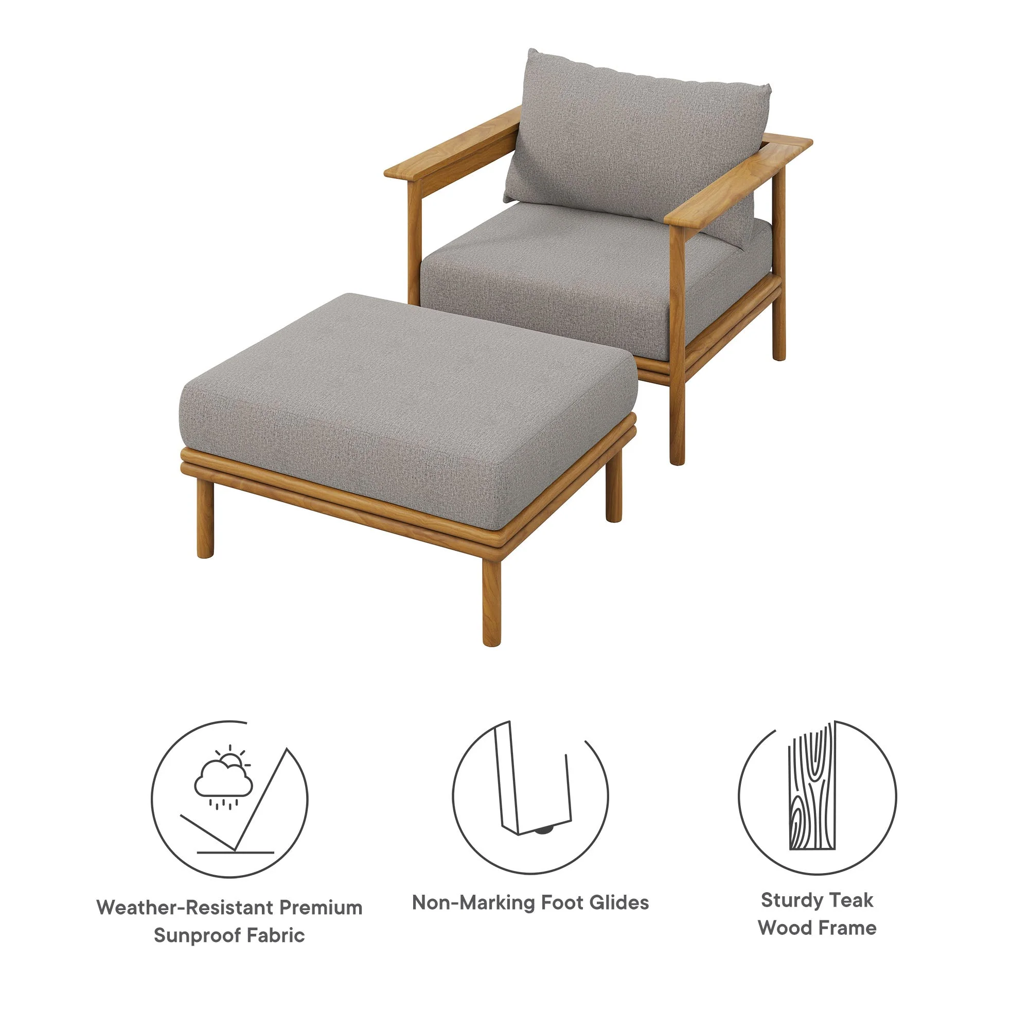 2-Piece Outdoor Teak Wood Patio Armchair and Ottoman Set - Image 9