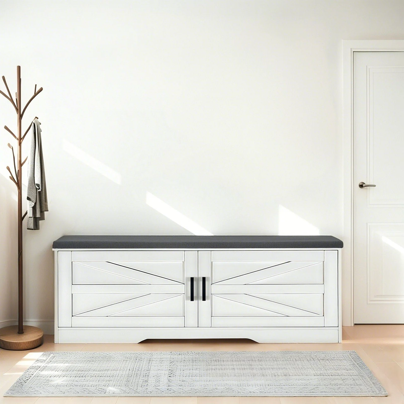 2 Tier Shoe Bench With Padded Seat, 2 Barn Doors And Adjustable Shelves, For Entryway And Living Room - White - Image 2
