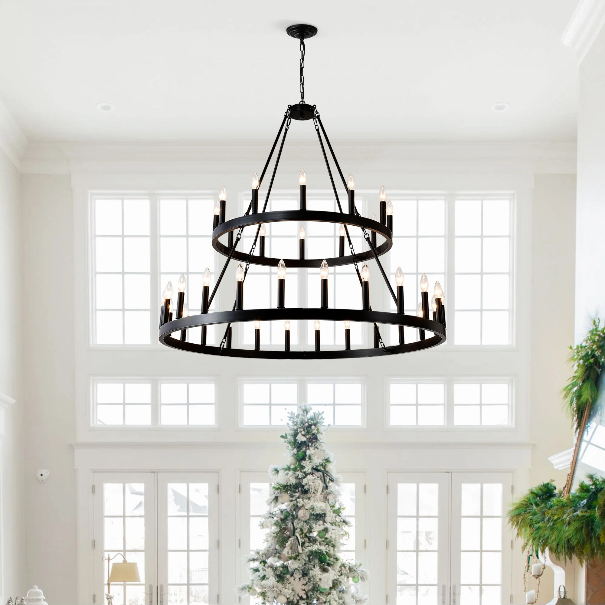 2 Tiers Wagon Wheel Chandelier Wooden Farmhouse 36 Light (24 / 12) Or (12 / 24) Metal Chandeliers 2 Story Light Fixtures Industrial For High Ceiling Living Dining Room Foyer, Adjustable Height - Black - Image 5