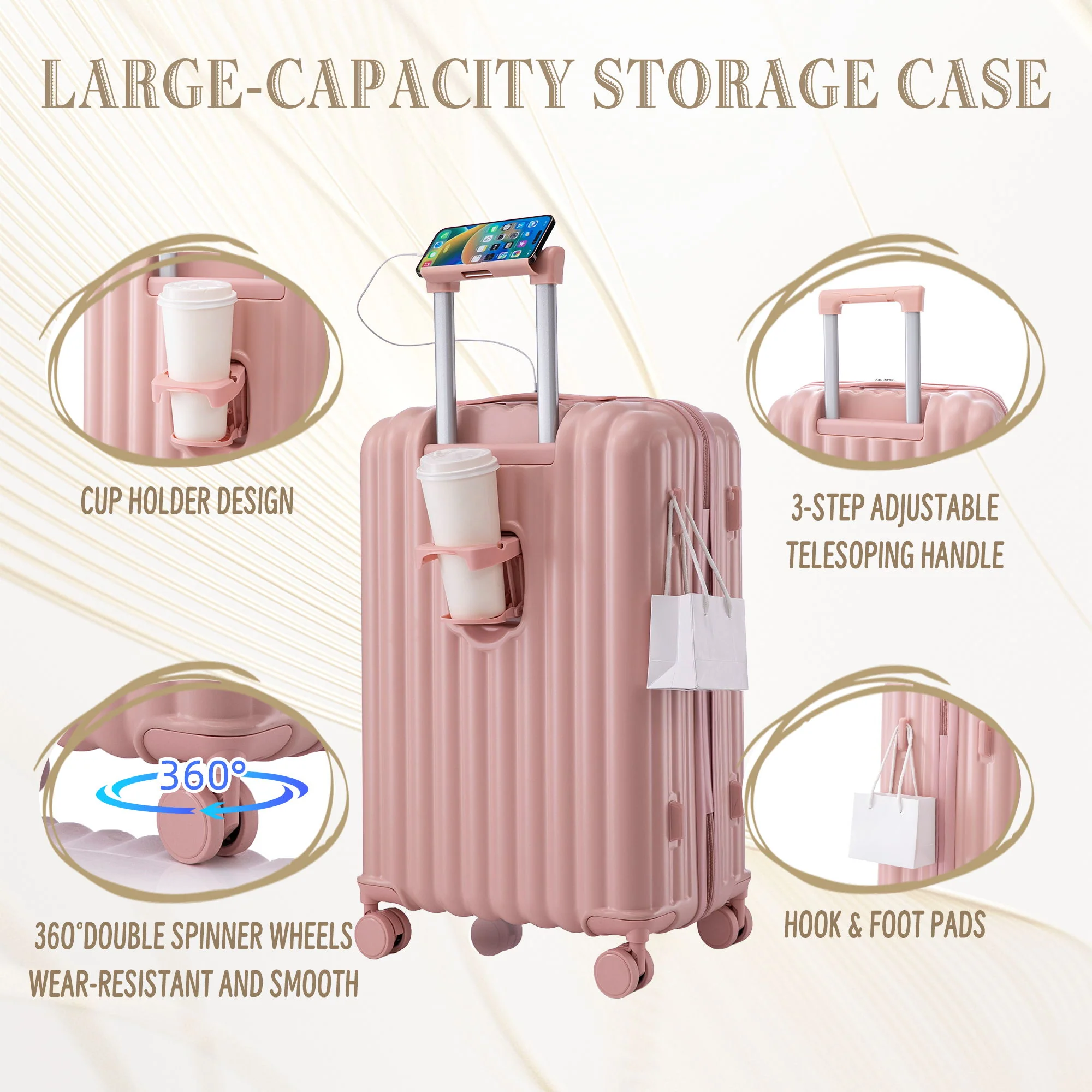20" / 24" / 28" 3 Pieces / Set Spinner Wheel Luggage, Carry On Suitcase, With Cup Holder & USB Port & Phone Holder - Image 16