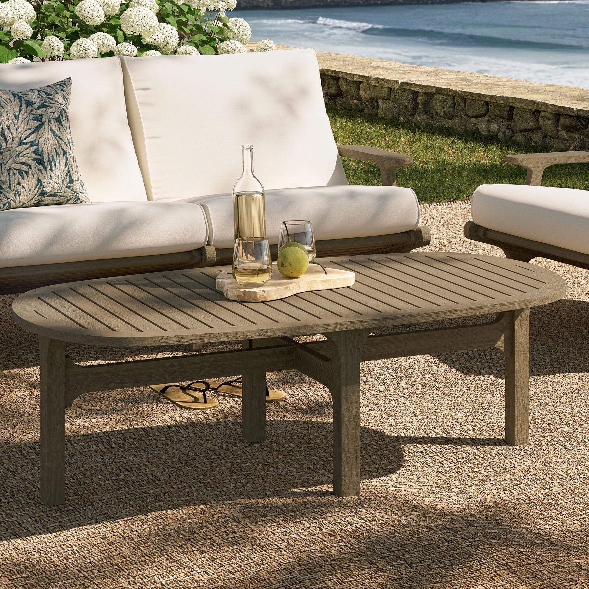 50" Weathered Gray Teak Wood Oval Outdoor Patio Coffee Table - Image 10