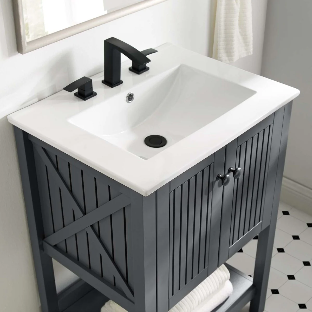 23" Rustic Modern Bathroom Vanity Cabinet – Slatted Design with Storage Drawers and Shelves - Image 11