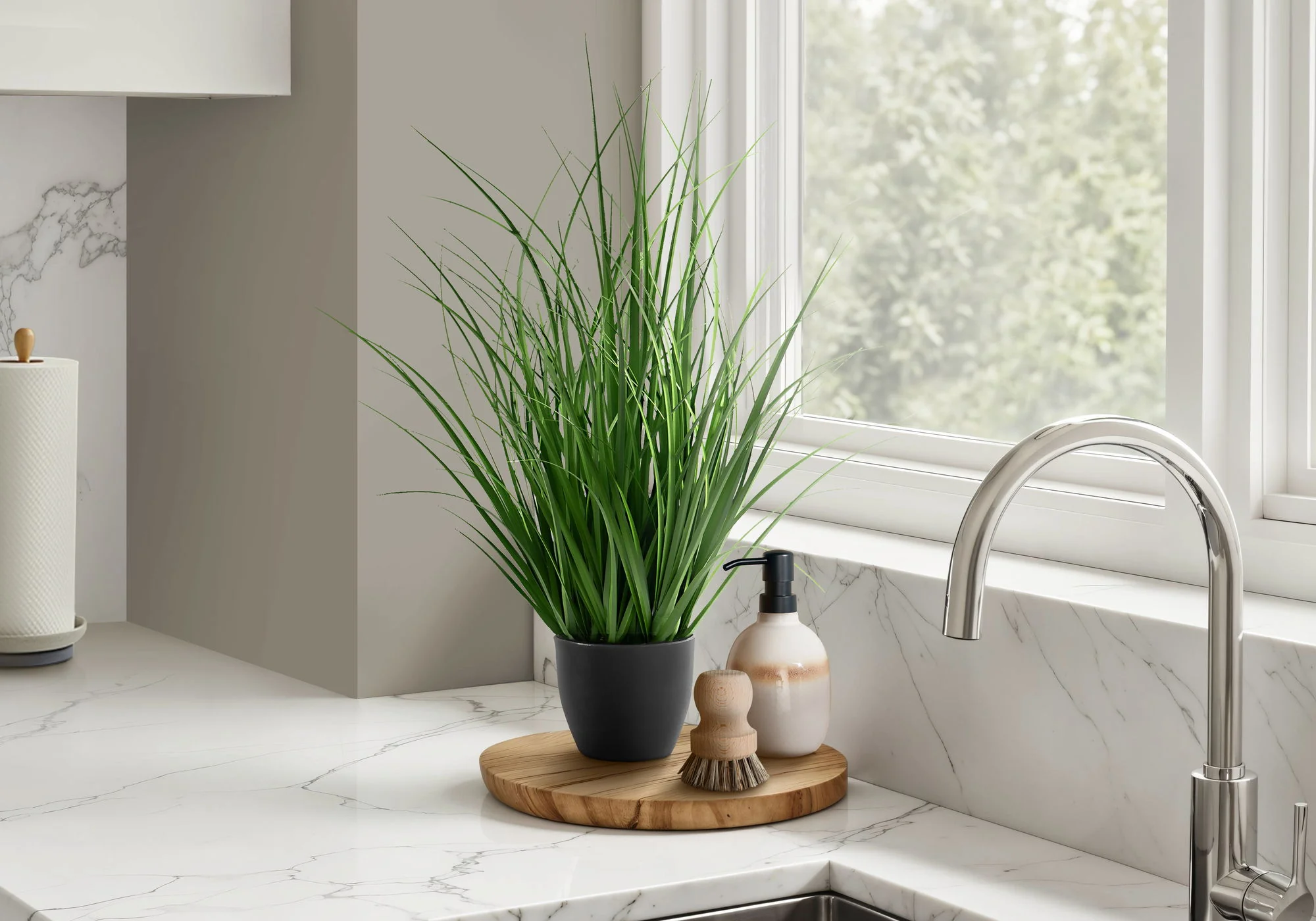 23" Tall, Artificial Plant, Grass, Indoor, Faux, Fake, Table, Greenery, Potted, Real Touch, Decorative - Green / Black