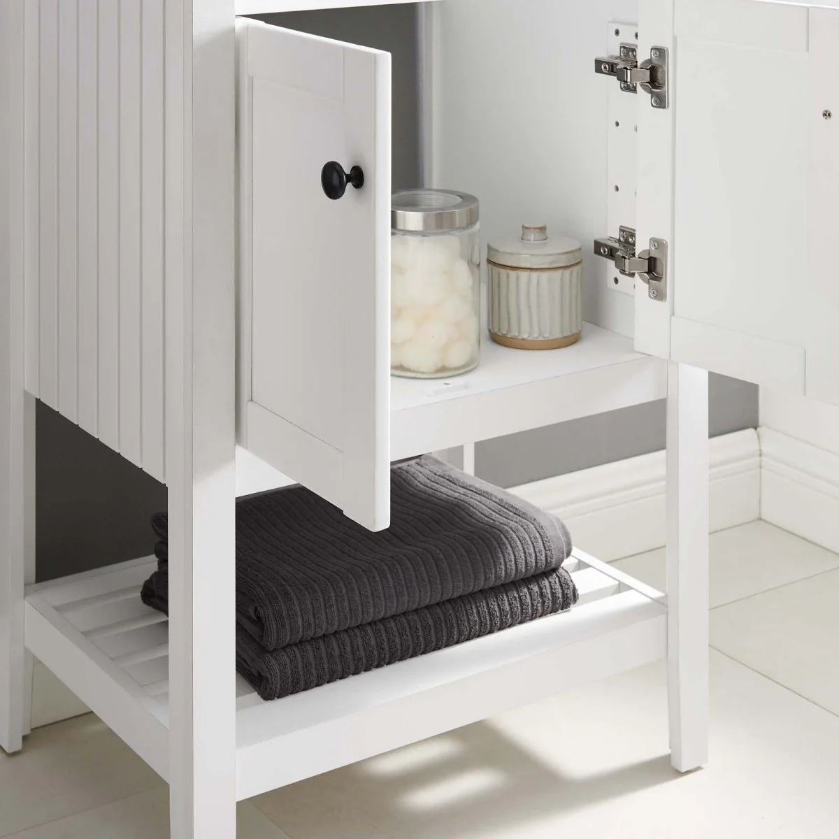 23" White Rustic Modern Bathroom Vanity Cabinet – Slatted Shelf Design - Image 3