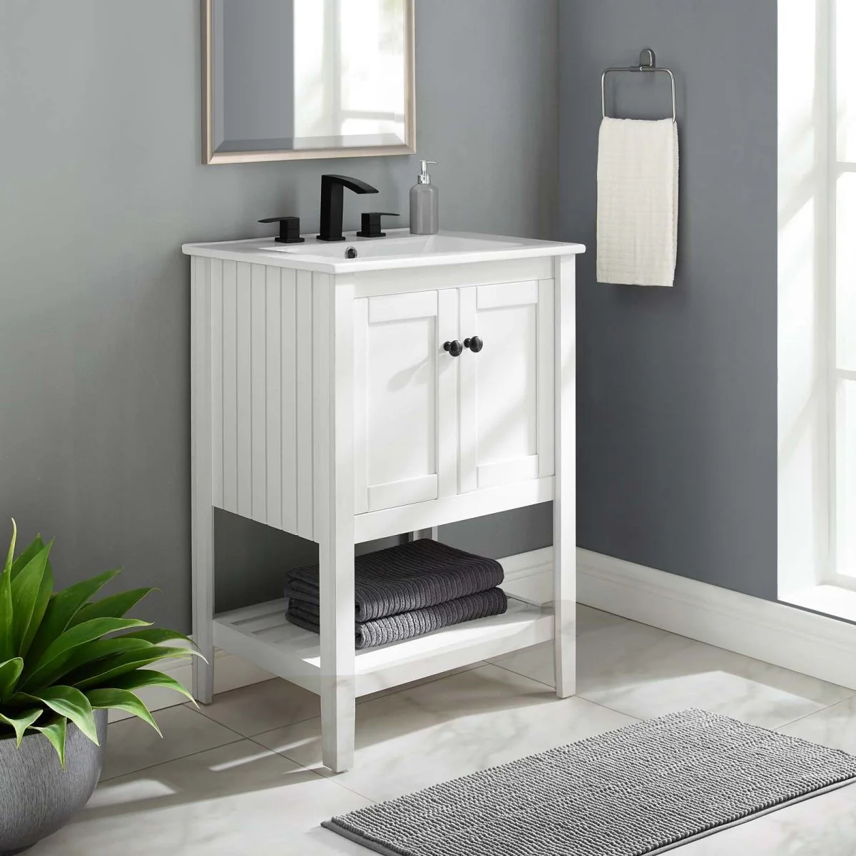 23" White Rustic Modern Bathroom Vanity Cabinet – Slatted Shelf Design - Image 9