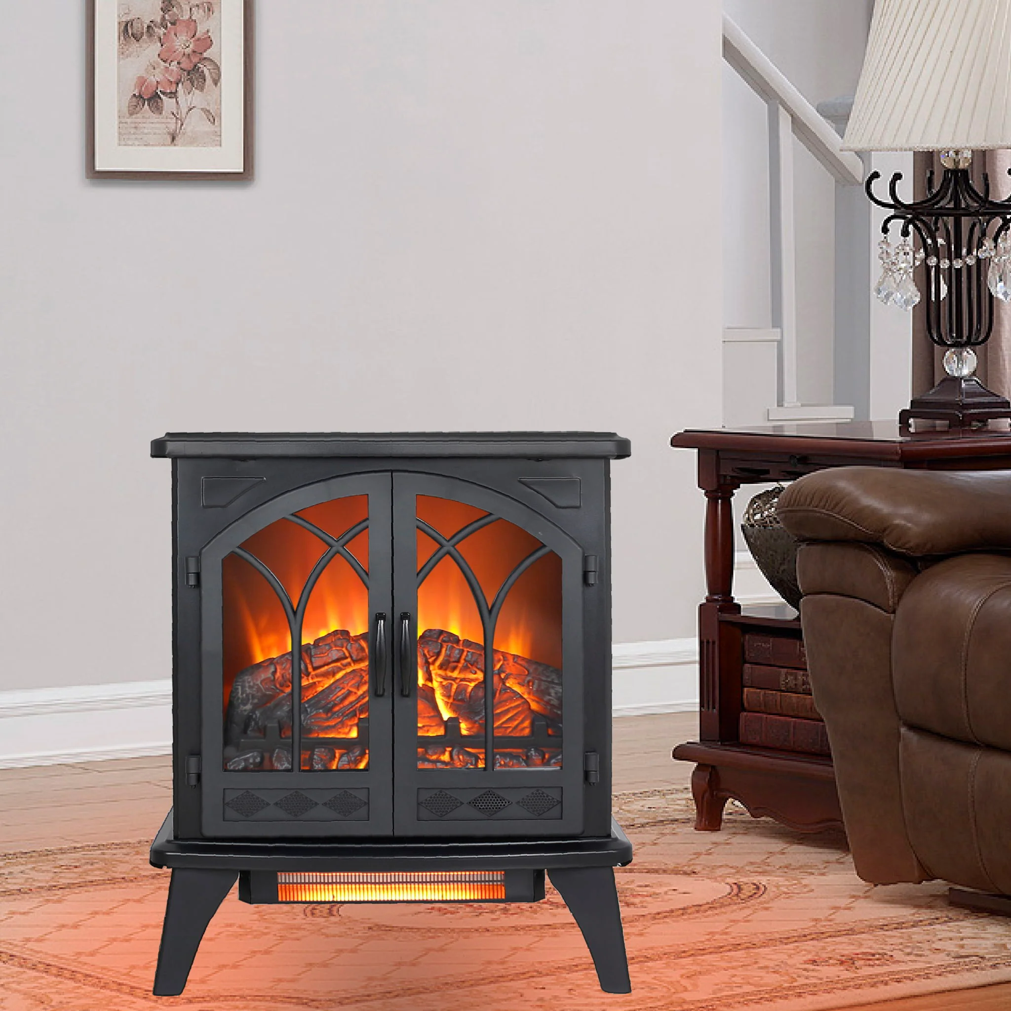 24" 3D Flame Electric Infrared Quartz Fireplace Stove With Remote Control - Antique Black - Image 3