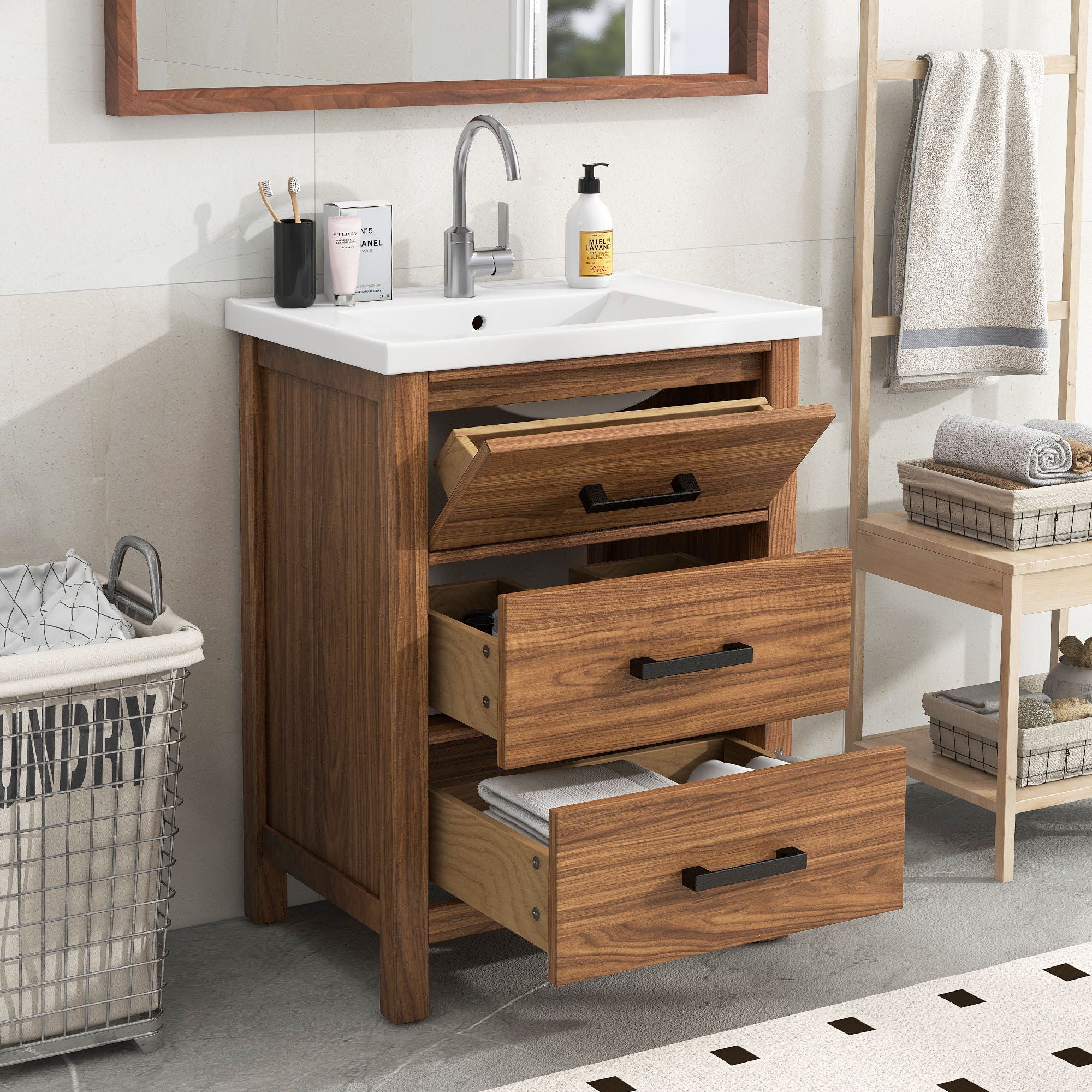24'' Bathroom Vanity With Basin Sink, 3 Drawer Storage Cabinet - Natural Wood - Image 2
