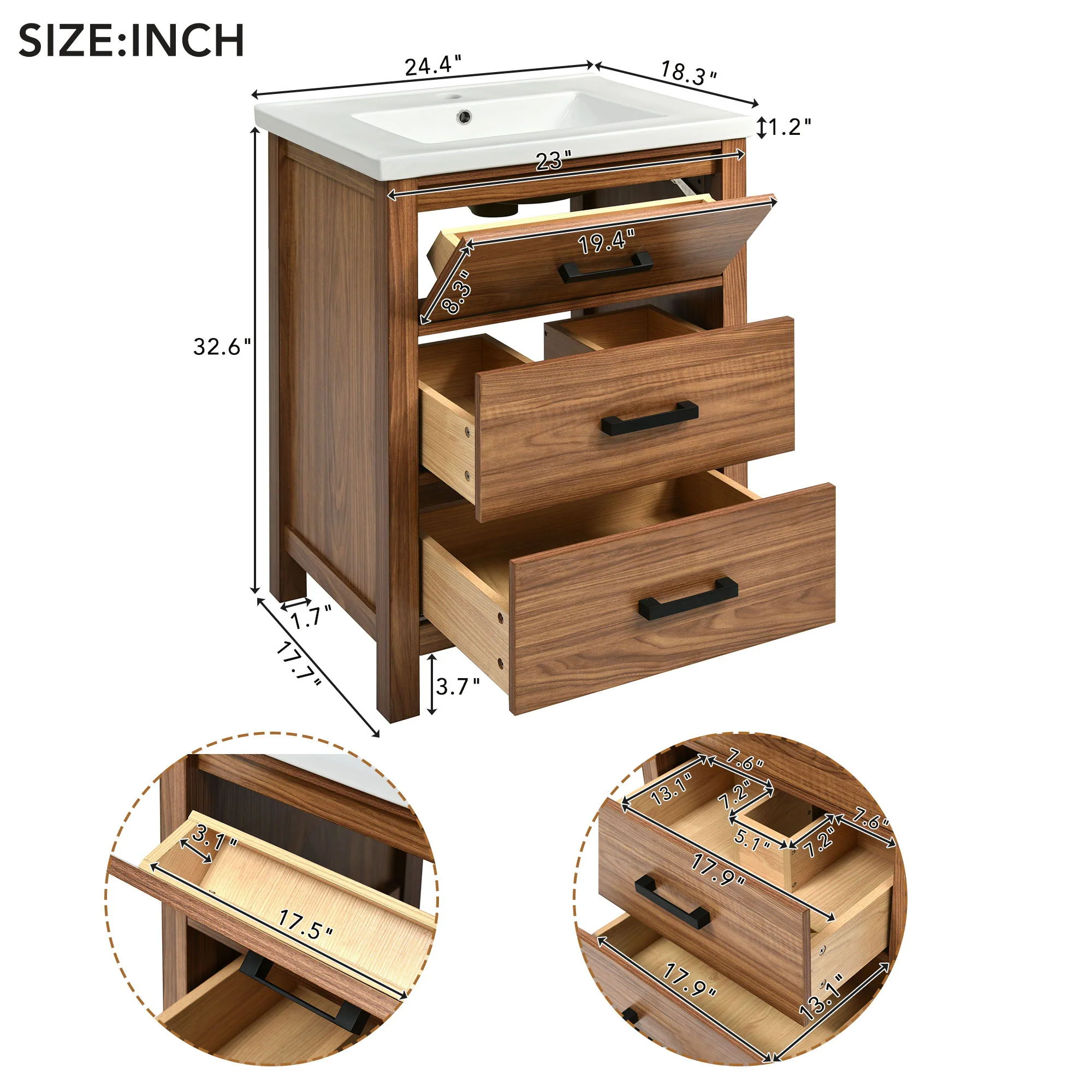 24'' Bathroom Vanity With Basin Sink, 3 Drawer Storage Cabinet - Natural Wood - Image 5